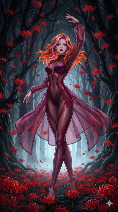 score_9, masterpiece, best quality, ultra-detailed, High-budget Anime Keyframe, East Asian woman. Low angle cowboy shot filling the entire 9:16 frame with her statuesque presence. Scenario 265: Dancing amidst falling red spider lilies in a misty dark
