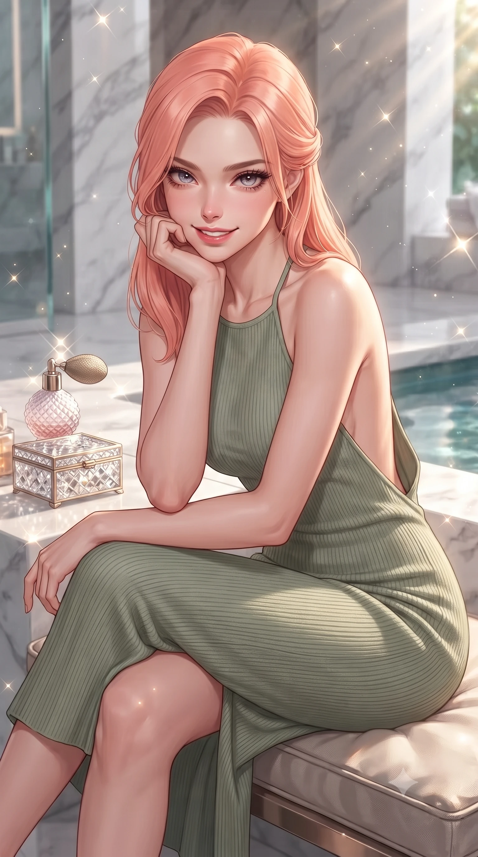 score_9, masterpiece, best quality, ultra-detailed, high-budget anime keyframe, editorial fashion photography, tasteful artistic composition, Japanese woman. close-up cowboy shot from the waist and thighs up, the character dominates the composition, filling the frame with her large presence, background elements kept in soft focus. flashing a sweet yet tantalizing grin, resting her chin on the back of her hand with intense eye contact set against a soft-focus background of inside an exclusive private spa pavilion with a vintage perfume atomizer and crystal jewelry box reflecting soft light. She has an exceptionally elegant, slender, and willowy female figure with an ultra-slim waist, a gracefully sculpted slender torso, and a refined silhouette. sharp v-shaped jawline, high-bridge nose, intricate jewel-like eyes with depth, thick eyelashes, glossy lips with a natural sheen. wearing tailored sage green ribbed cashmere backless linen halter dress featuring delicate straps and a draped open-back design featuring refined tailored seams. lit by crisp morning sun rays creating sparkling glints on polished glass and water. highly saturated vibrant anime colors, detailed shading with soft gradients, rich glossy textures, high-contrast stereoscopic depth, volumetric dynamic lighting, master piece, 9:16 ratio
