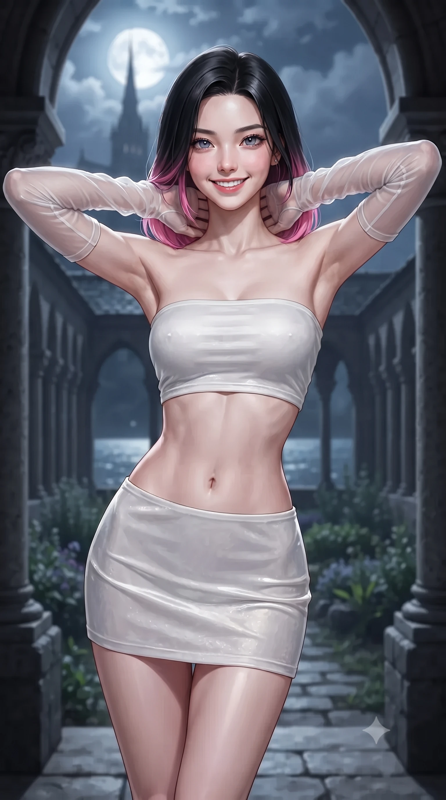 score_9, masterpiece, best quality, ultra-detailed, high-budget anime keyframe, editorial fashion photography, tasteful artistic composition, Korean woman. close-up cowboy shot from the waist and thighs up, the character dominates the composition, filling the frame with her large presence. resting both hands lightly behind her neck with elbows raised, arching her spine to highlight her narrow waist, flat midriff, and breathtaking collarbones while standing centered in the secluded open-air medieval cloister garden suspended 80 meters above the bay, arching her lower back with sovereign diva charisma as the abbey spire pierces the moonlit clouds. The background shows a soft-focus endless rhythm of slender granite columns in staggered double rows, medieval medicinal herb garden, and vast moonlit tidal bay blurred into silver, slate, and sapphire bokeh. She has an exceptionally elegant, slender, and willowy female figure with an ultra-slim waist, flat toned midriff, narrow ribcage, and sculpted feminine hips creating an alluring, slim hourglass silhouette without bulk. sharp v-shaped jawline, high-bridge nose, intricate jewel-like sparkling eyes with depth, thick eyelashes, glossy parted lips with a natural peach sheen, bright cheerful beaming smile with an enchanting and coquettish sensual glint, exuding both youthful cute charm and seductive allure, flawlessly proportioned anatomical accuracy, strict slender model proportions, natural body alignment, perfectly sculpted long slender limbs, ultra-slim waistline, clean dynamic posture without body distortion. wearing an ultra-cropped fitted bandeau top paired with a micro mini tennis skirt revealing her flat toned midriff in pure translucent crystal white and liquid platinum, tailored from ultra-plush silk velvet with rich tactile depth and deep shadow gradients, complemented by sheer opera-length evening gloves tracing her slender arms, the liquid-tight tailored fabric clinging flawlessly to her narrow waist and rounded feminine hips, emphasizing every millimeter of her sculpted slim hourglass curves without any bulky heaviness. illuminated by granite floor specular bounce and sharp platinum-silver rim lights defining her dewy collarbones, ultra-slim waist, and curvy hips. ultra-reflective glossy finish, specular highlights, rich textural contrasts, high-contrast stereoscopic depth, volumetric dynamic lighting, 2k, ultra detail, master piece, 9:16 ratio