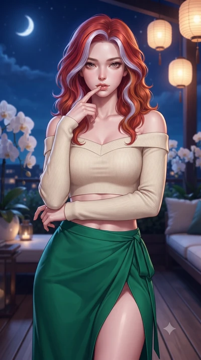 score_9, masterpiece, best quality, ultra-detailed, high-budget anime keyframe, editorial fashion photography, tasteful artistic composition, Caucasian woman. close-up cowboy shot from the waist and thighs up, the character dominates the composition,