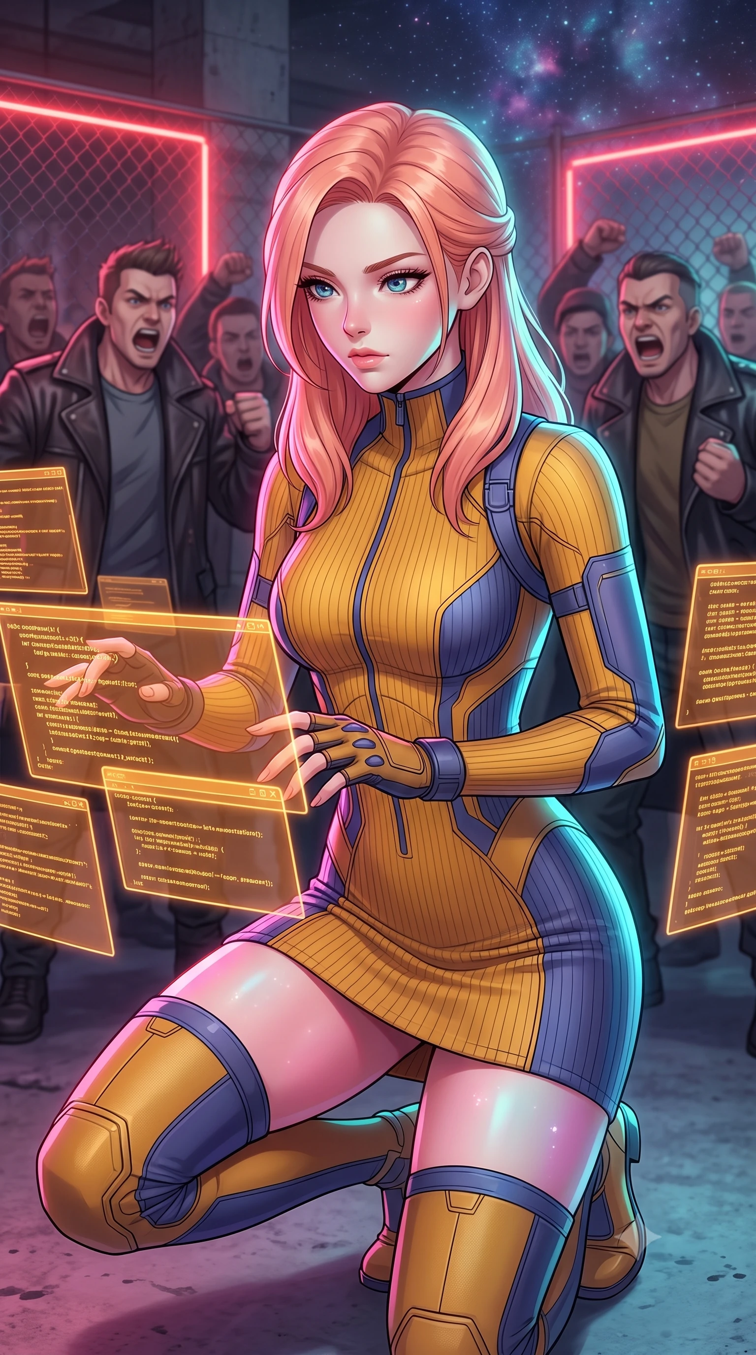 score_9, masterpiece, best quality, ultra-detailed, high-budget anime keyframe, editorial fashion photography, tasteful artistic composition, Japanese woman. close-up cowboy shot from the waist and thighs up, the character dominates the composition, filling the frame with her large presence, background elements kept in soft focus. Hacking a security terminal in a low crouch, fingers moving in a blur as amber code screens surround her. set against a soft-focus background of a concrete cellar ringed by a shouting crowd in heavy leather coats, neon red lights tracing the chain-link fence. She has an exceptionally elegant and slender, willowy female figure with an ultra-slim waist, a gracefully sculpted slender torso, and a refined slim physique. sharp v-shaped jawline, high-bridge nose, intricate jewel-like eyes with depth, thick eyelashes, glossy lips with a natural sheen. wearing tailored for maximum mobility, sleek form-contouring panels that allow fluid movement, a slim-fit body-hugging ribbed knit dress in a striking mustard yellow and indigo blue colorway, sculpting her slender proportions. highly saturated vibrant anime colors, intense vivid color palette, soft 3D volumetric shading, volumetric dynamic lighting, starlight and nebula glow casting soft cosmic pink and cyan highlights on her form. 2k, ultra detail, master piece, 9:16 ratio
