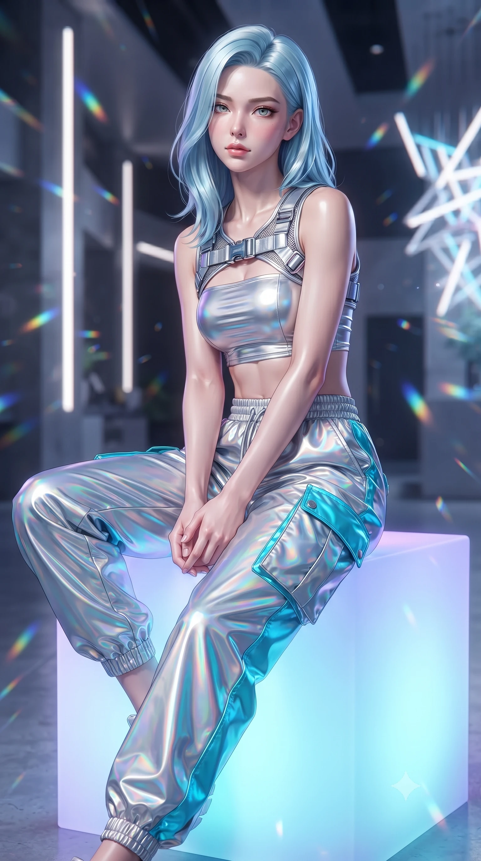score_9, masterpiece, best quality, ultra-detailed, high-budget anime keyframe, editorial fashion photography, tasteful artistic composition, Korean woman. close-up cowboy shot from the waist and thighs up, the character dominates the composition, filling the frame with her large presence. holding her hands loosely in front with regal, aristocratic poise, radiating an overwhelming high-society aura while sitting poised atop a frosted neon cube with one leg extended, her statuesque silhouette framed by vertical light bars. The composition keeps background elements in soft focus with creamy bokeh. refracted light beams and internal acrylic reflections scattering radiant chromatic light motes. She has an exceptionally elegant, slender, and willowy female figure with an ultra-slim waist, a gracefully sculpted slender torso, toned flat midriff, and a refined slim silhouette. sharp v-shaped jawline, high-bridge nose, intricate jewel-like eyes with depth, thick eyelashes, glossy lips with a natural sheen, captivating and magnetic expression, flawlessly proportioned anatomical accuracy, strict slender model proportions, natural body alignment, perfectly sculpted long slender limbs, ultra-slim waistline, clean dynamic posture without body distortion. wearing a futuristic cropped tech-harness vest worn over a silver reflective tube top and high-rise metallic parachute cargo pants in holographic silver and electric cyan, crafted from high-gloss metallic ripstop nylon and flexible carbon mesh, detailed with heavy-duty chrome quick-release buckles and D-ring straps edition #17, the glove-like aerodynamic second-skin fit tightly clinging to her ultra-slender waist and athletic curves without adding bulk, accentuating her razor-sharp statuesque lines and slim hourglass silhouette. bathed in dynamic color-shifting LED ambient illumination and pure white spotlight fill. ultra-reflective glossy finish, specular highlights, rich textural contrasts, high-contrast stereoscopic depth, volumetric dynamic lighting, 2k, ultra detail, master piece, 9:16 ratio
