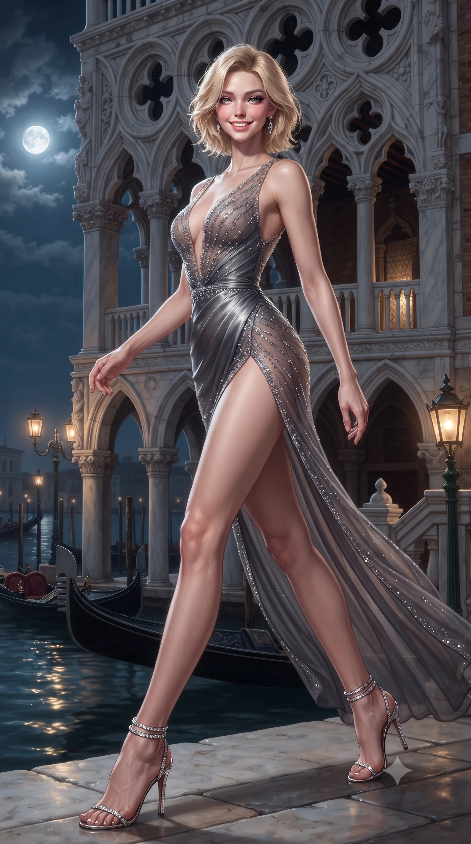 score_9, masterpiece, best quality, ultra-detailed, high-budget anime keyframe, editorial fashion photography, tasteful artistic composition, Caucasian woman. low angle full-body shot from head to toe showing her feet, filling the entire 9:16 vertical frame with her statuesque presence, stretching her vertical silhouette. stepping forward in a confident stride, her long slender legs and curvaceous hips creating a dynamic, sweeping vertical line while standing poised between pointed Venetian gothic marble arches, arching her back with timeless siren allure as black gondolas glide past below. The surrounding environment is rendered in vivid detail and crisp panoramic clarity: detailed sheer illusion mesh gown weave, velvet ribbon piping, and master Venetian stonework in razor-sharp precision. She has an exceptionally tall and slender model-like 8.5-heads proportion, an ultra-slim waist, a flat toned midriff, narrow delicate ribcage, and beautifully sculpted feminine hips creating a graceful, slim hourglass silhouette without any bulky heaviness, with impossibly long slender legs. sharp v-shaped jawline, high-bridge nose, intricate jewel-like sparkling eyes with depth, thick eyelashes, glossy parted lips with a natural peach sheen, bright cheerful beaming smile with an enchanting and coquettish sensual glint, exuding both youthful cute charm and seductive allure, flawlessly proportioned anatomical accuracy, strict slender model proportions, natural body alignment, perfectly sculpted long slender limbs, ultra-slim waistline, clean dynamic posture without body distortion. wearing a plunge-front sheer mesh cocktail gown with delicate crystal beading and an ultra-daring hip-high leg slit in Hollywood starlight platinum and smoky charcoal, crafted from fluid liquid silk satin that clings smoothly to her narrow waist and rounded hips with a dewy sheen, complemented by strappy stiletto sandals with crystal ankle wraps accentuating her slender calves, the second-skin tailored fabric adhering flawlessly to her sculpted flat midriff and slender torso, emphasizing her long leg lines and perfectly proportioned willowy build. bathed in the flickering golden glow of historic gas-lamp style canal lanterns mixed with ethereal silver moonlight. ultra-reflective glossy finish, specular highlights, rich textural contrasts, high-contrast stereoscopic depth, volumetric dynamic lighting, 2k, ultra detail, master piece, 9:16 ratio