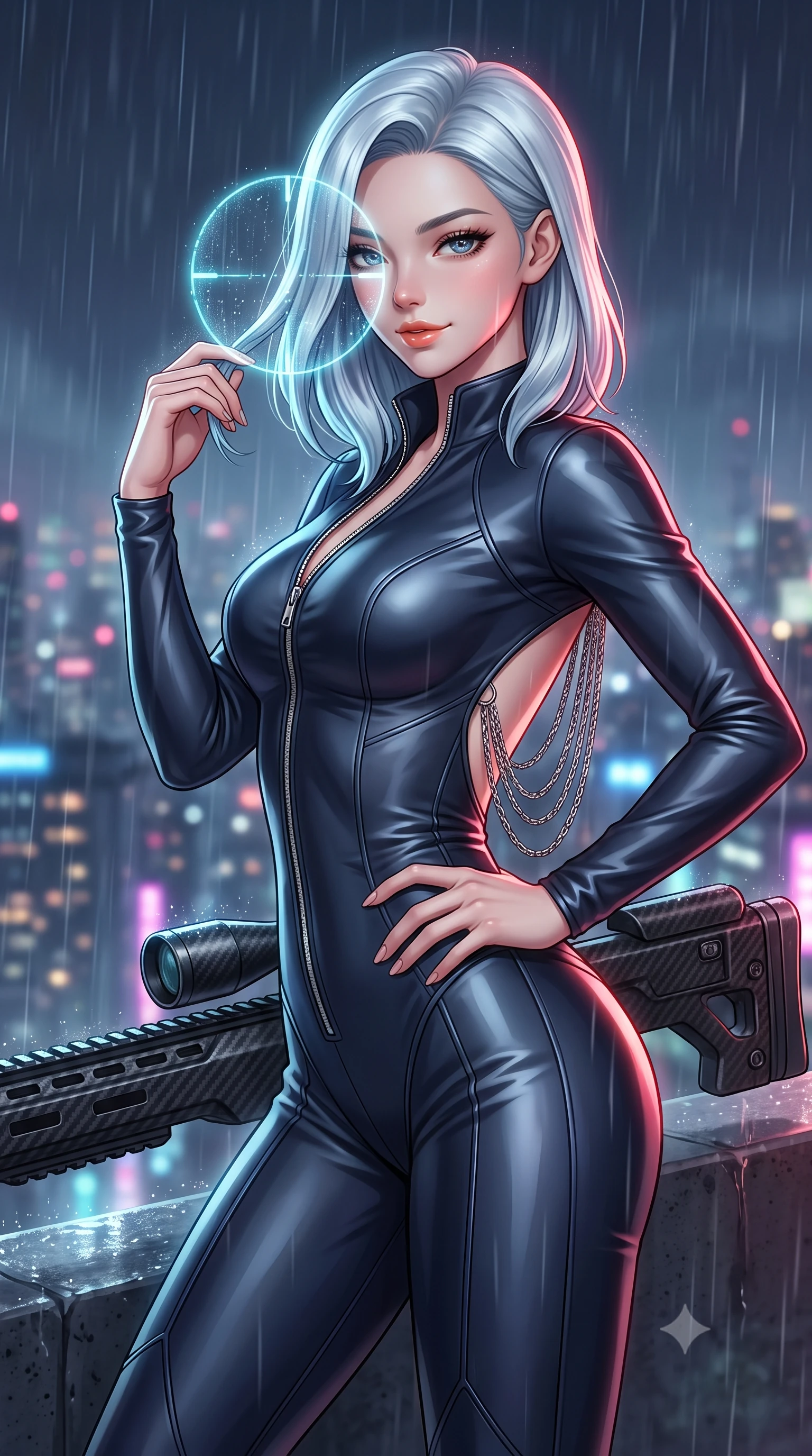 score_9, masterpiece, best quality, ultra-detailed, high-budget anime keyframe, semi-realistic 3D game render, editorial fashion photography, tasteful artistic composition, Korean woman. close-up cowboy shot from the waist and thighs up, the character dominates the composition, filling the frame with her large presence. twisting her slender torso in an alluring contrapposto stance, one hand resting on her sculpted hip while her fingers toy with her hair with effortless poise while leaning against the carbon-fiber tactical sniper barricade with hips cocked back, looking through rain-streaked holographic reticles at the neon cityscape with smoldering bedroom-eyes. The background shows a soft-focus fine rain vapor softened in high-altitude freeway sniper perch shallow focus. She has an exceptionally elegant, slender, and willowy female figure with an ultra-slim waist, flat toned midriff, narrow ribcage, and sculpted feminine hips creating an alluring, slim hourglass silhouette without bulk. sharp v-shaped jawline, high-bridge nose, intricate jewel-like sparkling eyes with depth, thick eyelashes, glossy parted lips with a natural peach sheen, bright cheerful beaming smile with an enchanting and coquettish sensual glint, exuding both youthful cute charm and seductive allure, flawlessly proportioned anatomical accuracy, strict slender model proportions, natural body alignment, perfectly sculpted long slender limbs, ultra-slim waistline, clean dynamic posture without body distortion. wearing a sculpted tactical lambskin leather catsuit with seamless paneling and silver zipper hardware accentuating her flat midriff and curvy hips in tactical carbon navy and polished chrome, crafted from fluid liquid silk satin that clings smoothly to her narrow waist and rounded hips with a dewy sheen, accented with an open-back drape framed by falling strands of delicate chrome chains, the liquid-tight tailored fabric clinging flawlessly to her narrow waist and rounded feminine hips, emphasizing every millimeter of her sculpted slim hourglass curves without any bulky heaviness. illuminated by wet concrete reflection bounce and sharp ruby-white rim lights sculpting her jawline, narrow waist, and curvy hips. highly saturated vibrant anime colors, detailed shading with soft gradients, rich glossy textures, high-contrast stereoscopic depth, volumetric dynamic lighting, master piece, 9:16 ratio