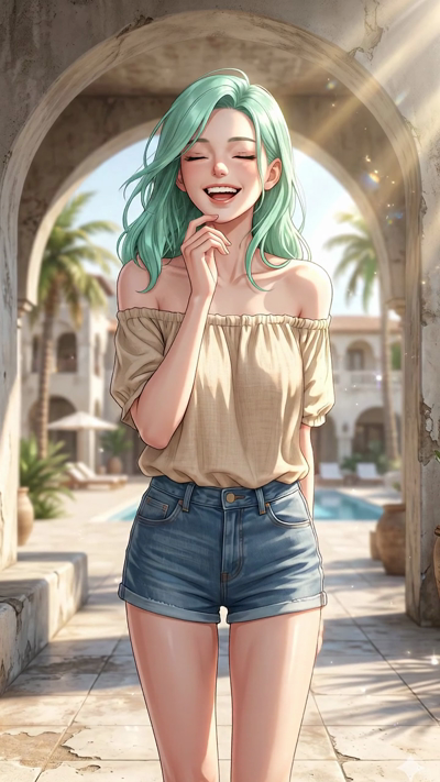 Character blinking, looking at camera with a subtle, natural expression, moving slowly and naturally. Their hair sways gently in a quiet draft of air while maintaining their original pose. The camera executes a very slow, smooth dolly-in. The backgro
