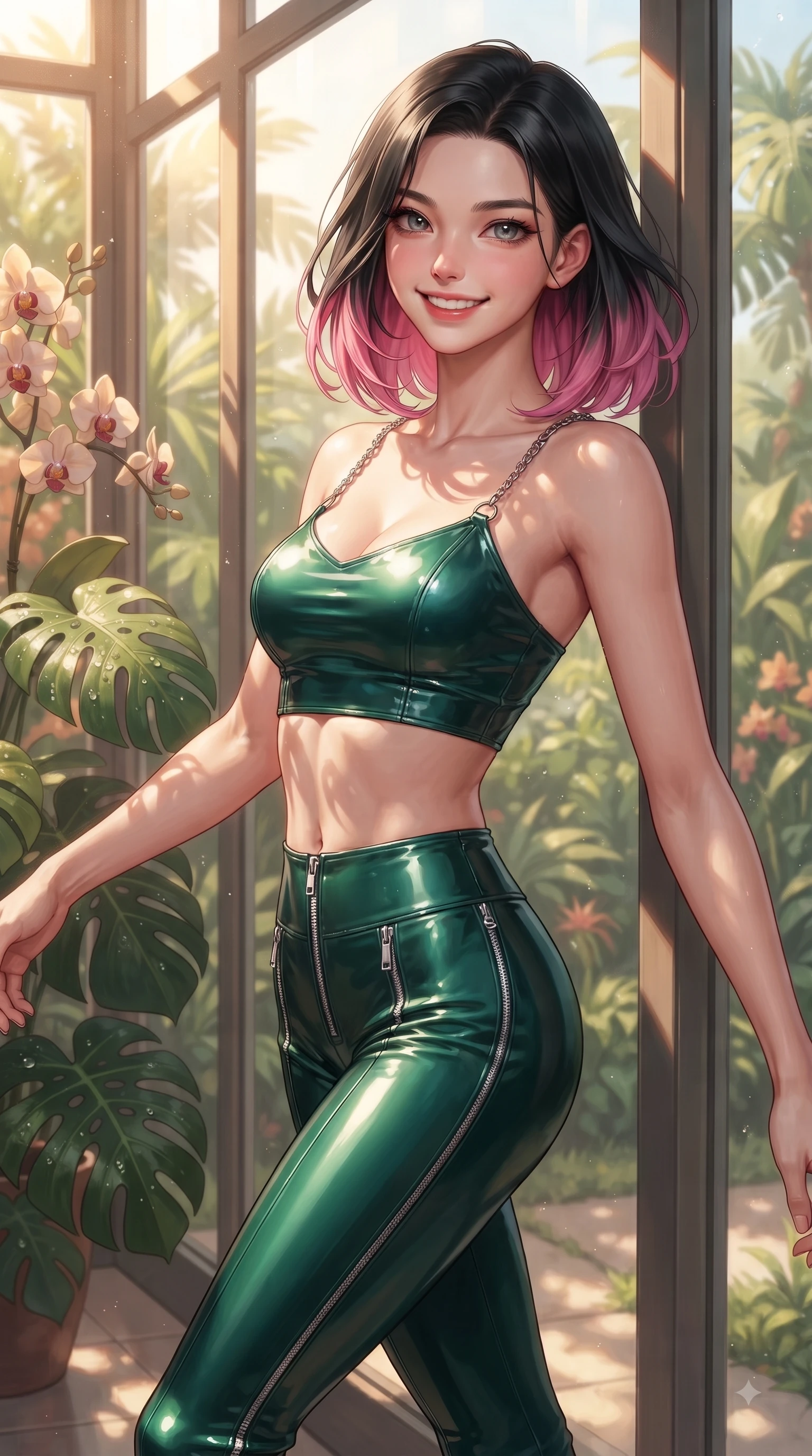 score_9, masterpiece, best quality, ultra-detailed, high-budget anime keyframe, editorial fashion photography, tasteful artistic composition, Korean woman. close-up cowboy shot from the waist and thighs up, the character dominates the composition, filling the frame with her large presence, background elements kept in soft focus. Gazing directly into the camera with a fresh, infectious smile as her torso curves dynamically in mid-stride while resting near a sunlit glass wall as tropical sunbeams highlight her fresh youthful figure, dewdrops on lush green Monstera leaves and orchids scattering bright specular highlights. She has an exceptionally elegant, slender, and willowy female figure with an ultra-slim waist, a gracefully sculpted slender torso, and a refined silhouette. sharp v-shaped jawline, high-bridge nose, intricate jewel-like eyes with depth, thick eyelashes, glossy lips with a natural sheen, flawlessly proportioned anatomical accuracy, natural body alignment, perfectly sculpted elegant limbs, clean dynamic posture without body distortion. wearing a glossy vinyl crop top and high-waist tailored leggings with sleek zippers in deep emerald green and silver accent, crafted from smooth liquid silk, adorned with delicate metallic chain straps along the neckline, the form-contouring material highlighting her ultra-slim waist and long lines. illuminated by clear sunbeams casting organic leaf stencil shadows across her skin. ultra-reflective glossy finish, specular highlights, metallic sheen, high-contrast stereoscopic depth, volumetric dynamic lighting, 2k, ultra detail, master piece, 9:16 ratio
