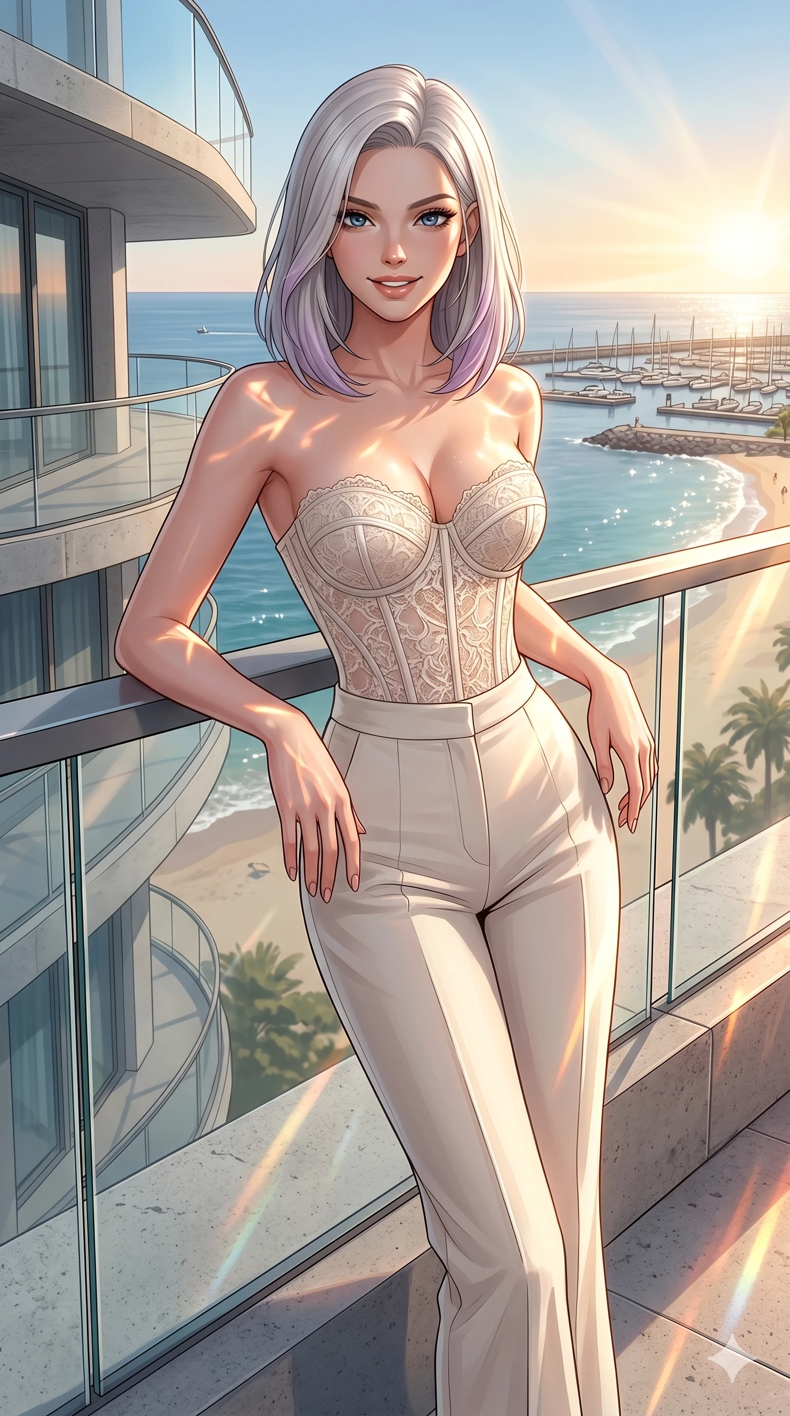 score_9, masterpiece, best quality, ultra-detailed, high-budget anime keyframe, editorial fashion photography, tasteful artistic composition, Caucasian woman, strictly human ears. cowboy shot from the thighs up, character and outfit filling the frame for maximum editorial presence. posing with quiet self-assurance, looking directly into the lens with a confident grin on a modern concrete balcony overlooking a sparkling beach harbor (Code-P19-185). She has an absolutely perfect 8-heads proportion, an exceptionally tall and slender female figure with impossibly long slender legs and an ultra-slim waist. V-shaped jawline, high-bridge nose, intricate jewel-like eyes with depth, thick eyelashes, glossy lips with a natural sheen. wearing a structured lace corset with sweetheart neckline showing her cleavage. drenched in brilliant morning sunshine, casting sunset patterns on her skin. 2k, ultra detail, master piece, 9:16 ratio
