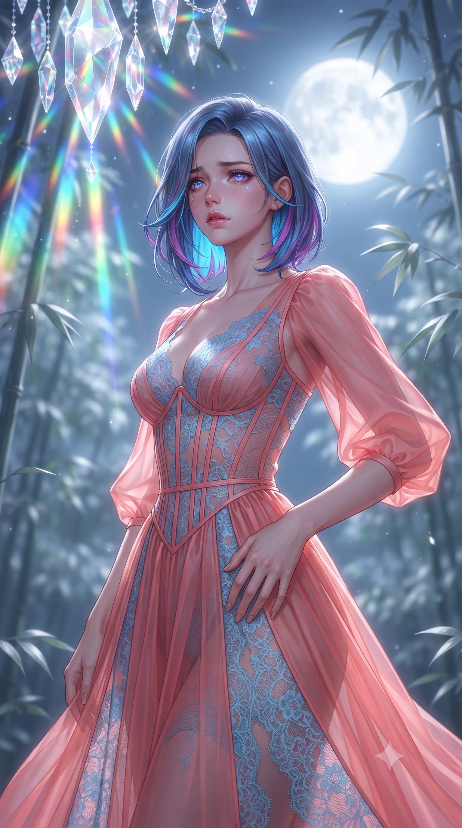 score_9, masterpiece, best quality, ultra-detailed, high-budget anime keyframe, editorial fashion photography, tasteful artistic composition, Caucasian woman, strictly human ears. close-up cowboy shot from the waist and thighs up, the character dominates the composition, filling the frame with her large presence, background elements kept in soft focus. Gazing into the distance with a wistful melancholic expression and softly glowing eyes. set against a soft-focus background of an endless ocean of silver-tipped bamboo swaying in unison under brilliant full moonlight creating hypnotic wave patterns that ripple to the horizon the bamboo leaves catching and releasing silver light with each movement. She has an exceptionally elegant and slender, willowy female figure with an ultra-slim waist, a gracefully sculpted slender torso, and a refined slim physique. sharp v-shaped jawline, high-bridge nose, intricate jewel-like eyes with depth, thick eyelashes, glossy lips with a natural sheen. wearing an ultra-sheer silk gown in coral pink, with sky-blue lace insets and visible structured boning throughout the bodice. cascading rainbow prismatic light refracting through crystal formations overhead. 2k, ultra detail, master piece, 9:16 ratio