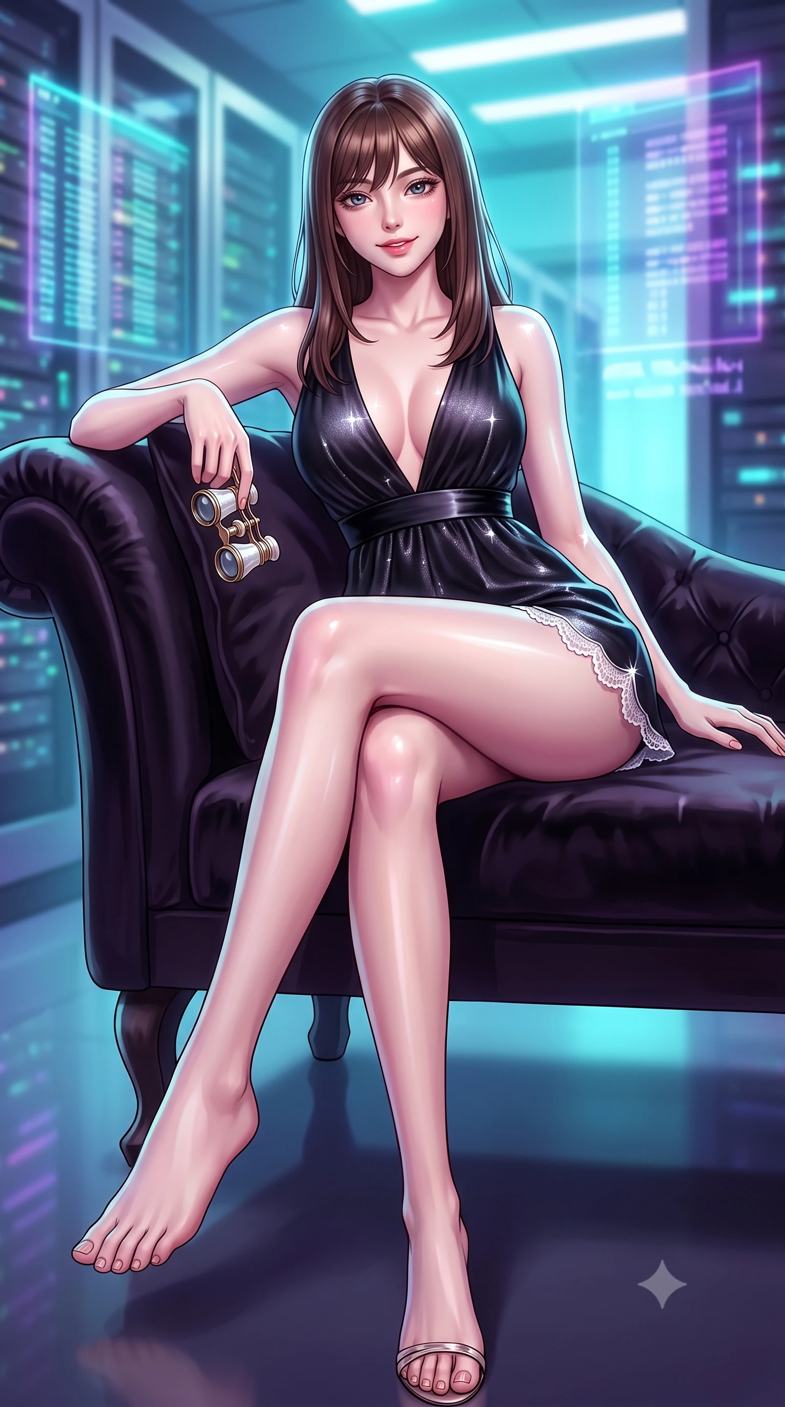 score_9, masterpiece, best quality, ultra-detailed, high-budget anime keyframe, semi-realistic 3D game render, editorial fashion photography, tasteful artistic composition, Korean woman. low angle full-body shot from head to toe showing her feet, filling the entire 9:16 vertical frame with her statuesque presence, stretching her vertical silhouette. reclining gracefully across the plush chaise lounge with one leg extended, her sculpted silhouette and flat midriff radiating magnetic nocturnal glamour while lounging in the swivel ergonomic command chair with legs crossed, holding a micro-tablet with effortless sovereign hacker authority. The background shows a soft-focus dark server room columns softened in high-tech subterranean shallow focus. She has an absolutely perfect, statuesque 8.5-heads proportion, an exceptionally tall and slender model-like female figure with impossibly long slender legs, an ultra-slim waist, a flat toned midriff, narrow delicate ribcage, and beautifully sculpted feminine hips creating a graceful, slim hourglass silhouette without any bulky heaviness. sharp v-shaped jawline, high-bridge nose, sparkling eyes with hypnotic seductive depth, thick curled eyelashes, glossy parted lips with a natural dewy peach sheen, alluring bedroom-eyes with an enchanting coquettish smile, exuding magnetic siren charisma and sophisticated glamour, flawlessly proportioned anatomical accuracy, strict slender model proportions, natural body alignment, perfectly sculpted long slender limbs, ultra-slim waistline, clean dynamic posture without body distortion. wearing a deep V-neck silk satin ballerina romper with scalloped eyelash-lace hems and a cinched satin waist ribbon in high-contrast monochrome black and optic white, woven from stretch metallic lurex jersey casting radiant starlight glints across her silhouette, accented with an antique mother-of-pearl opera glass held casually in one hand, the second-skin tailored fabric adhering flawlessly to her sculpted flat midriff and slender torso, emphasizing her long leg lines and perfectly proportioned willowy build. bathed in dynamic cyan and ultraviolet illumination radiating from giant holographic displays. highly saturated vibrant anime colors, detailed shading with soft gradients, rich glossy textures, high-contrast stereoscopic depth, volumetric dynamic lighting, master piece, 9:16 ratio