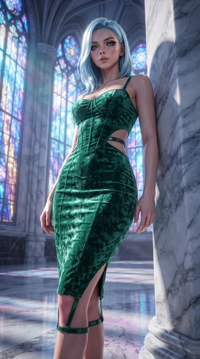score_9, masterpiece, best quality, ultra-detailed, High-budget Anime Keyframe, editorial fashion photography, tasteful artistic composition, realistic cosplay photography, East Asian woman. Low angle cowboy shot filling the entire 9:16 frame with he