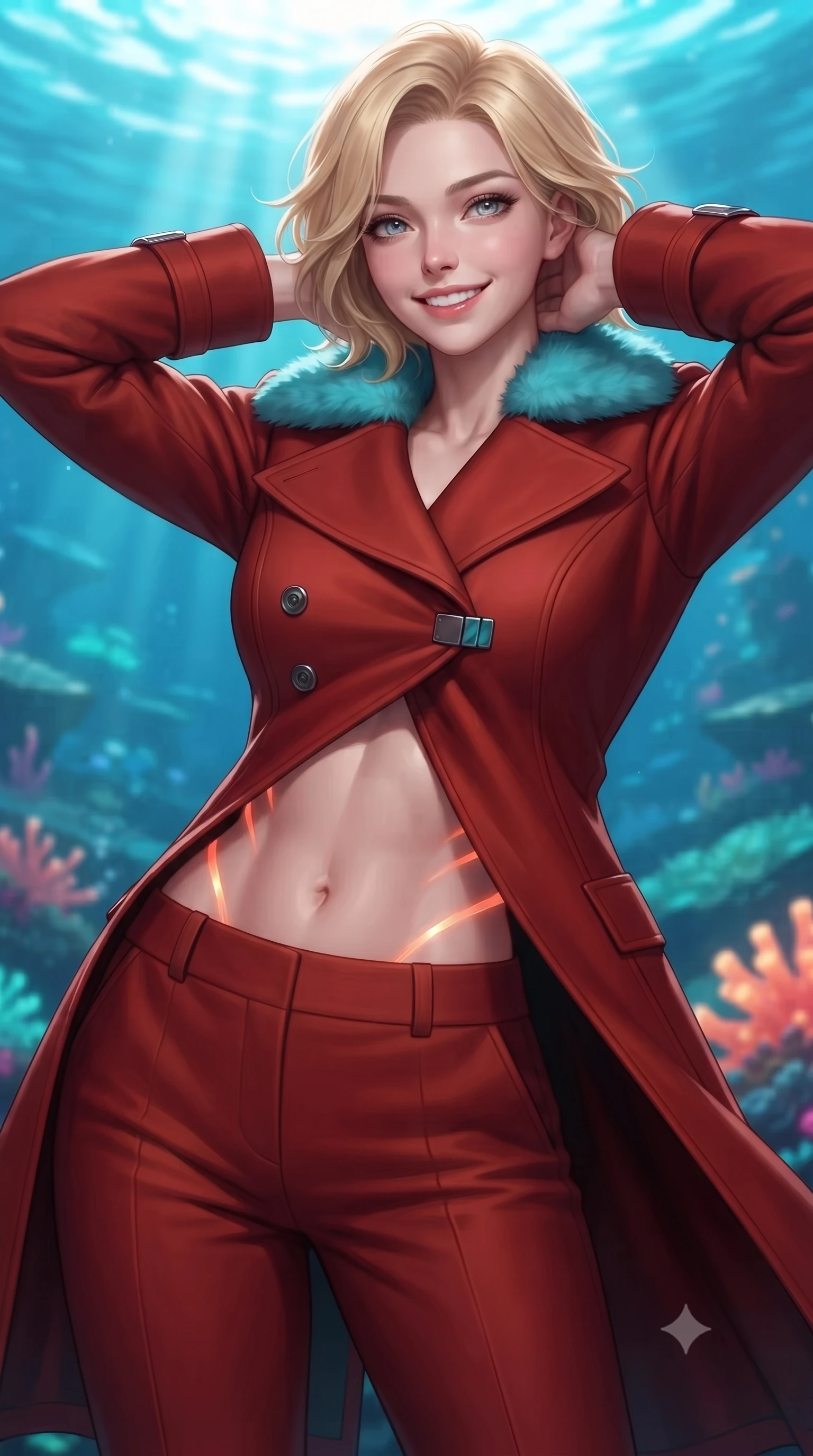 score_9, masterpiece, best quality, ultra-detailed, high-budget anime keyframe, editorial fashion photography, tasteful artistic composition, Caucasian woman. close-up cowboy shot from the waist and thighs up, the character dominates the composition, filling the frame with her large presence. resting both hands lightly behind her neck with elbows raised, arching her spine to highlight her narrow waist, flat midriff, and breathtaking collarbones while twisting her slender torso in an alluring S-curve, rippling sunbeams and neon coral glow painting sensual light ribbons across her flat midriff and hips. The background shows a soft-focus sunlight caustics filtering through pristine tropical ocean softened in submerged data sanctuary shallow focus. She has an exceptionally elegant, slender, and willowy female figure with an ultra-slim waist, flat toned midriff, narrow ribcage, and sculpted feminine hips creating an alluring, slim hourglass silhouette without bulk. sharp v-shaped jawline, high-bridge nose, intricate jewel-like sparkling eyes with depth, thick eyelashes, glossy parted lips with a natural peach sheen, bright cheerful beaming smile with an enchanting and coquettish sensual glint, exuding both youthful cute charm and seductive allure, flawlessly proportioned anatomical accuracy, strict slender model proportions, natural body alignment, perfectly sculpted long slender limbs, ultra-slim waistline, clean dynamic posture without body distortion. wearing a futuristic double-breasted arctic combat officer greatcoat with thermal fur-lined collar and tailored wool trousers in cyber-shinto vermilion and laser turquoise, crafted from bespoke double-faced cashmere with an exceptionally soft tactile finish, finished with sleek magnetic buckle closures fluttering in the breeze, the bespoke structured tailoring following the natural line of her 8.5-heads silhouette with refined elegance. bathed in the glowing natural fluorescence of deep corals combined with warm 2500K interior recessed cove lighting. ultra-reflective glossy finish, specular highlights, rich textural contrasts, high-contrast stereoscopic depth, volumetric dynamic lighting, 2k, ultra detail, master piece, 9:16 ratio