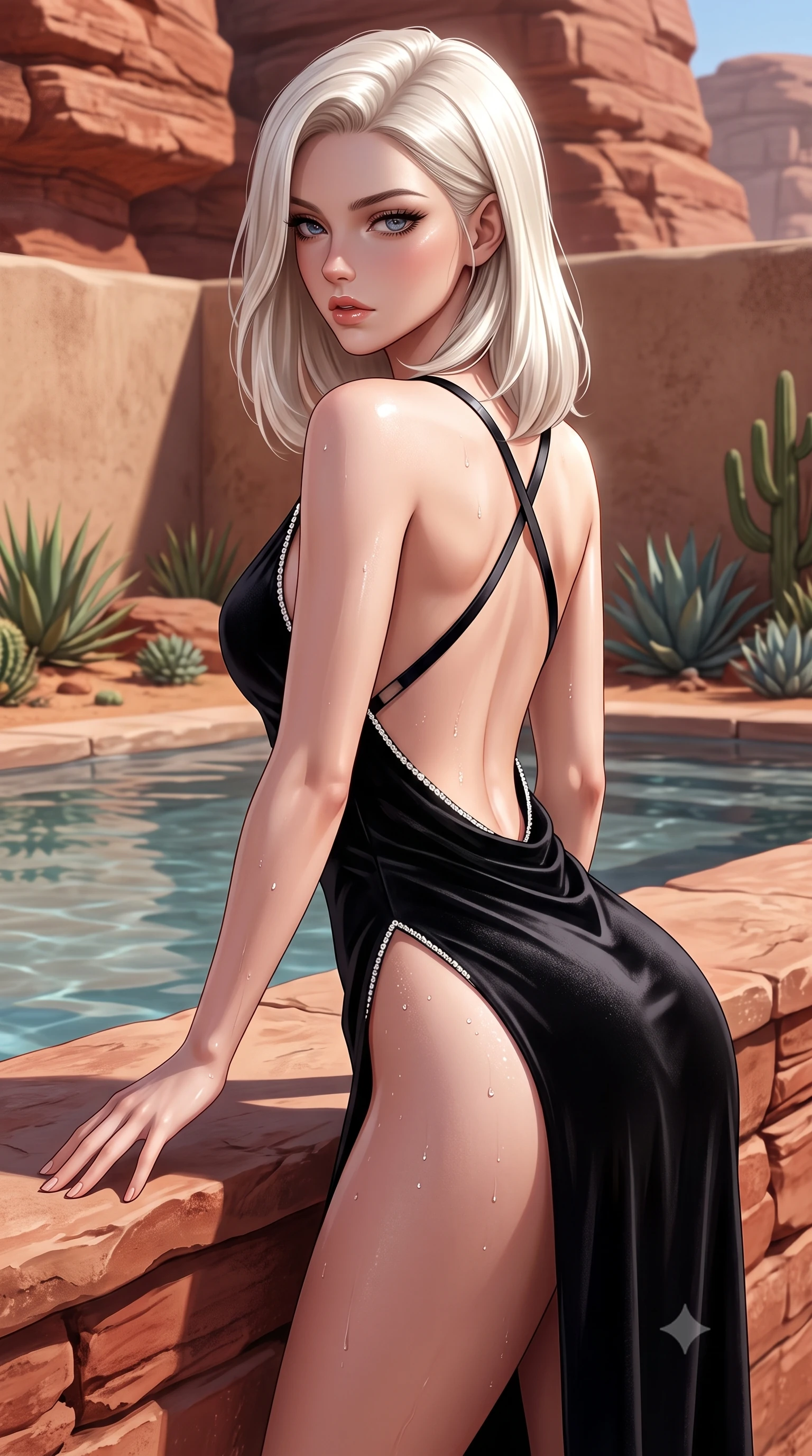 score_9, masterpiece, best quality, ultra-detailed, high-budget anime keyframe, semi-realistic 3D game render, editorial fashion photography, tasteful artistic composition, Caucasian woman. close-up cowboy shot from the waist and thighs up, the character dominates the composition, filling the frame with her large presence. twisting her slender torso in a deep contrapposto stance, hips dramatically shifted to accentuate her feminine curves while looking past her shoulder with smoldering bedroom-eyes while perching on the edge of an infinity plunge pool carved into crimson sandstone, water droplets beading on her hip as she looks back over her shoulder. The surrounding environment is rendered in vivid detail and crisp panoramic clarity. sharp weathered red sandstone strata, smooth adobe wall textures, and desert succulent leaves in deep focus. She has an exceptionally elegant, slender, and willowy female figure with an ultra-slim waist, flat toned midriff, narrow ribcage, and sculpted feminine hips creating an alluring, slim hourglass silhouette without bulk. sharp v-shaped jawline, high-bridge nose, intricate jewel-like eyes with depth, thick eyelashes, glossy parted lips with a natural sheen, intensely captivating and seductive bedroom-eyes expression, flawlessly proportioned anatomical accuracy, strict slender model proportions, natural body alignment, perfectly sculpted long slender limbs, ultra-slim waistline, clean dynamic posture without body distortion. wearing a backless cowl-neck satin slip dress featuring high-cut side hip slits and delicate criss-cross back straps in pitch-black velvet with diamond crystal trim, tailored from liquid silk jersey adhering flawlessly to her slender build, finished with criss-cross back satin straps highlighting her graceful shoulder blades, the second-skin form-contouring cut accentuating her sculpted flat midriff, narrow delicate ribcage, and gracefully curvy hips with supermodel precision. illuminated by wet specular pool highlights accentuating her slender neckline, sculpted waist, and rounded hips. highly saturated vibrant anime colors, detailed shading with soft gradients, rich glossy textures, high-contrast stereoscopic depth, volumetric dynamic lighting, master piece, 9:16 ratio