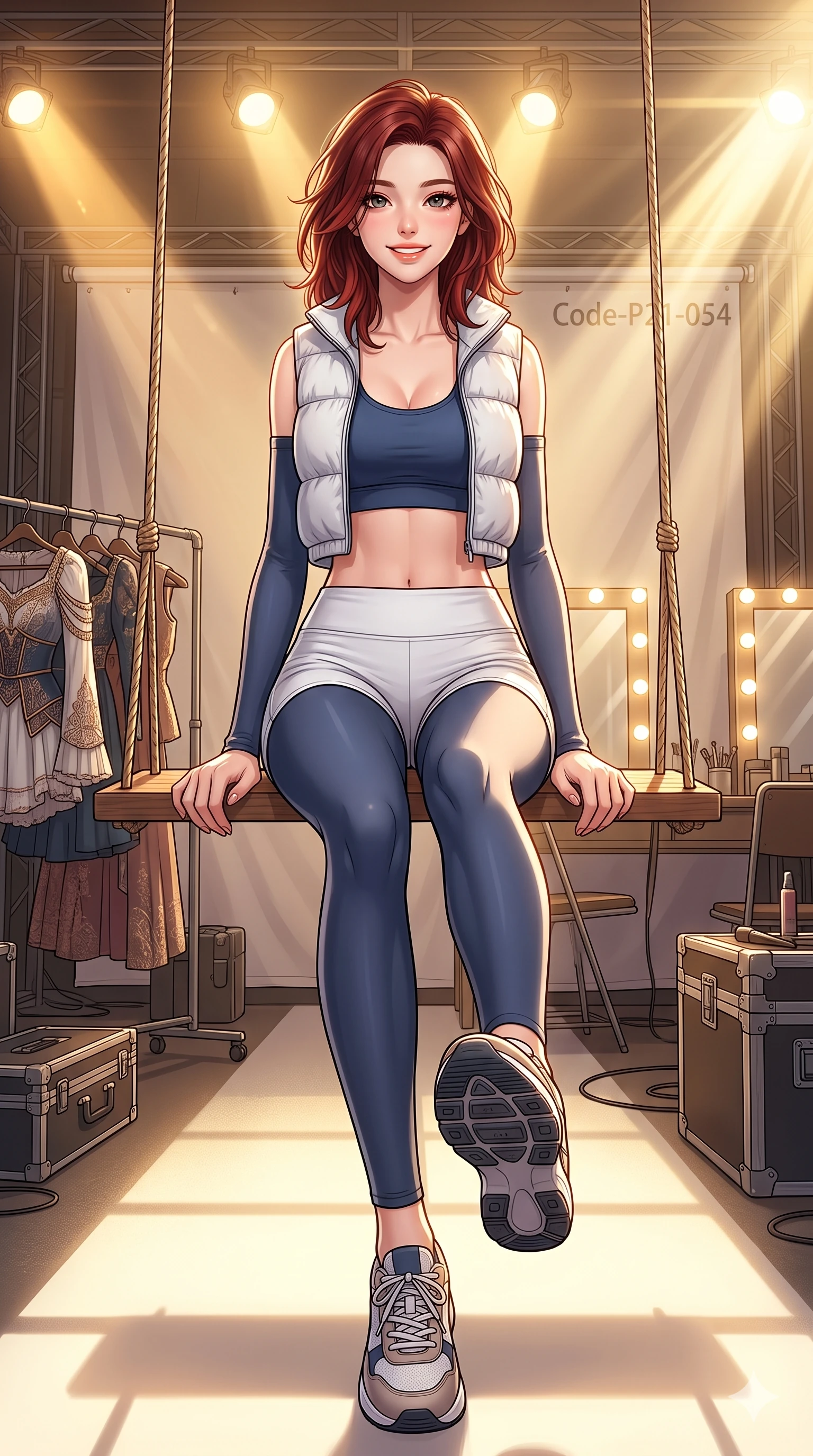 score_9, masterpiece, best quality, ultra-detailed, high-budget anime keyframe, vibrant anime aesthetic, Korean woman. low angle full-body shot from head to toe showing her feet, filling the entire 9:16 vertical frame with her statuesque presence, stretching her vertical silhouette. She is sitting on a garden swing, smiling brightly with a cheerful and warm winter gaze inside a runway backstage room with warm golden lights (Code-P21-054). She has an absolutely perfect 8-heads proportion, an exceptionally tall and slender female figure with impossibly long slender legs and an ultra-slim waist. V-shaped jawline, high-bridge nose, intricate jewel-like eyes with depth, thick eyelashes, glossy lips with a natural sheen. wearing a skin-tight activewear set with a sports bra and micro-shorts in snow. She is illuminated by bright, direct sunbeams in a photography studio, creating clean outlines. 2k, ultra detail, master piece, 9:16 ratio