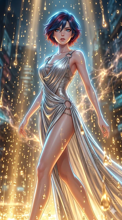 score_9, masterpiece, best quality, ultra-detailed, high-budget anime keyframe, Japanese woman. upper body close-up from the thighs up, character filling the screen for maximum presence. dodging ethereal liquid gold rain that rises upward from the gr