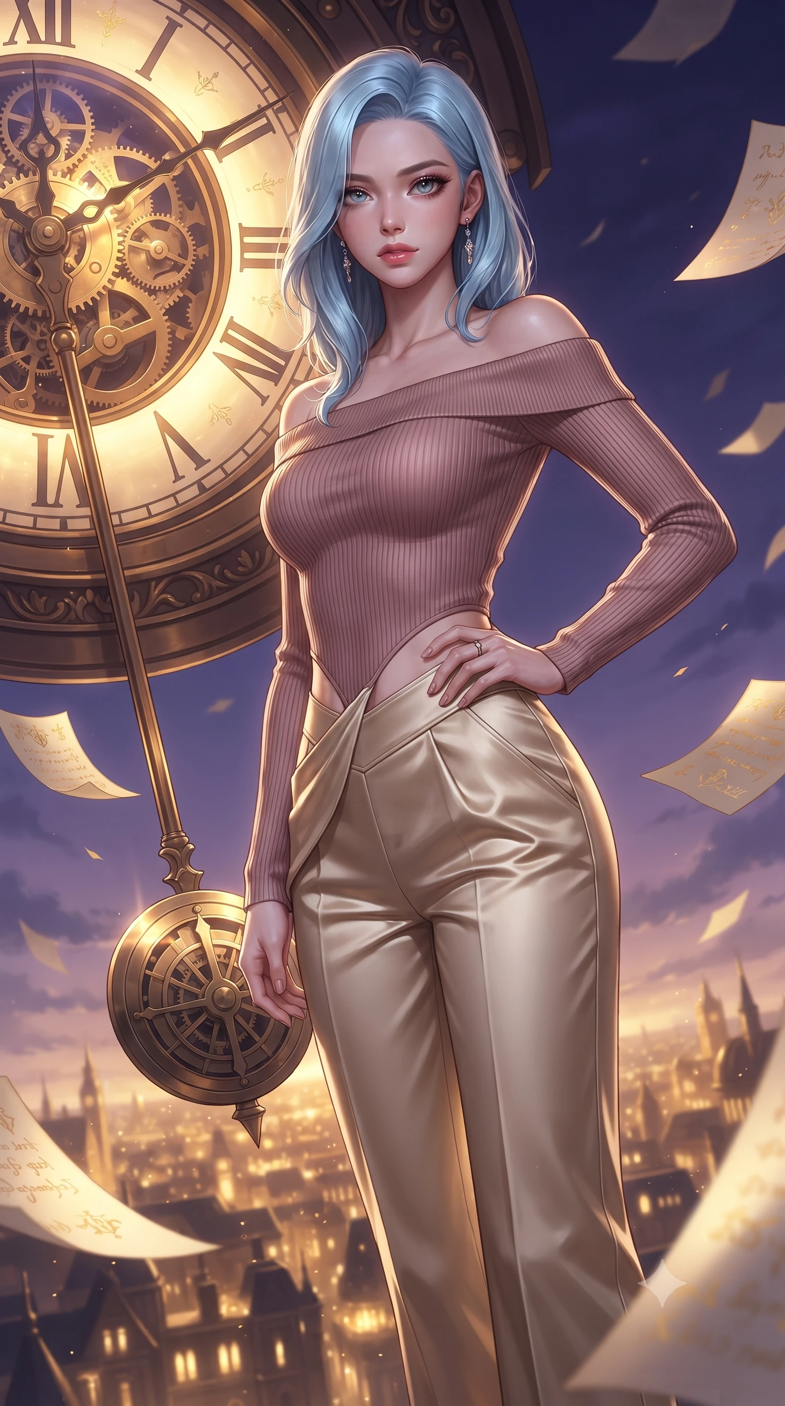 score_9, masterpiece, best quality, ultra-detailed, high-budget anime keyframe, editorial fashion photography, tasteful artistic composition, Korean woman. close-up cowboy shot from the waist and thighs up, the character dominates the composition, filling the frame with her large presence, background elements kept in soft focus. Holding a confident power pose with one hand on her hip, gazing directly into the camera with quiet intensity poised on a massive mechanical clock pendulum swinging over a golden city, golden paper pages fluttering gently around her in a magical breeze. She has an exceptionally elegant, slender, and willowy female figure with an ultra-slim waist, a gracefully sculpted slender torso, and a refined silhouette. sharp v-shaped jawline, high-bridge nose, intricate jewel-like eyes with depth, thick eyelashes, glossy lips with a natural sheen. wearing a sleek off-shoulder ribbed knit top paired with high-waist tailored pants in dusty rose and champagne gold, crafted from lustrous satin jersey with fluid draping, featuring subtle geometric cutouts that highlight her ultra-slim midriff, the sleek second-skin texture accentuating her magnetic presence. lit by a contrast of deep violet sky and radiant golden mechanical light. ultra-reflective glossy finish, specular highlights, metallic sheen, high-contrast stereoscopic depth, volumetric dynamic lighting, 2k, ultra detail, master piece, 9:16 ratio