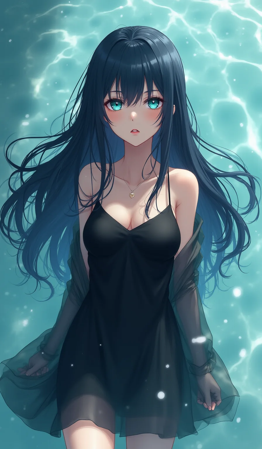 A semi-realistic Japanese manga style female teenager, 175cm tall, with long flowing blue-black hair with a wet look and aqua turquoise eyes glowing vividly. She wears a black satin slip dress with sheer outerwear, reflecting a Gen Z luxury aesthetic, in a submerged dreamy atmosphere with water reflections.