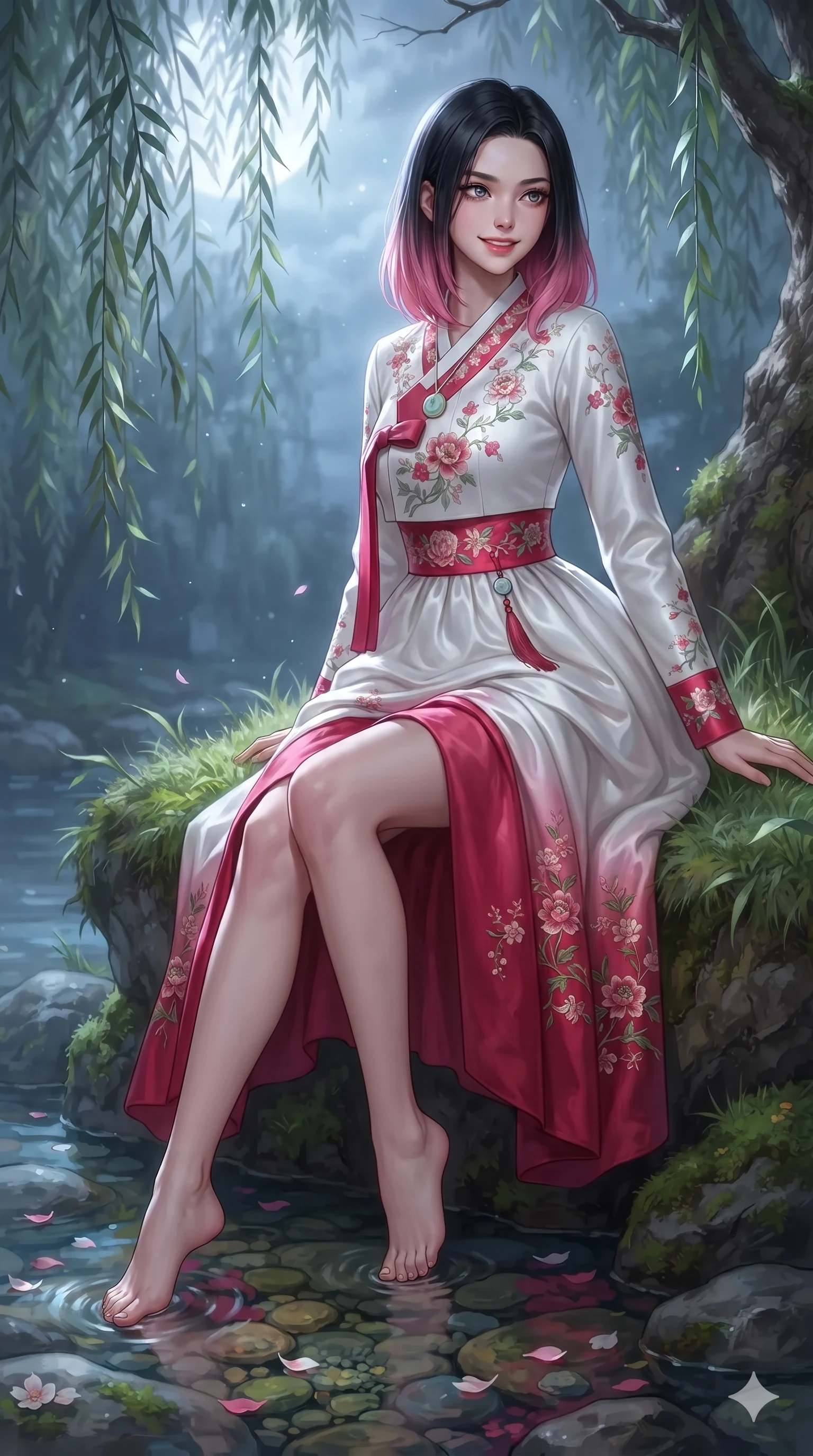 score_9, masterpiece, best quality, ultra-detailed, high-budget anime keyframe, editorial fashion photography, tasteful artistic composition, Korean woman. close-up cowboy shot from the waist and thighs up, the character dominates the composition, filling the frame with her large presence. twisting her slender torso in a deep contrapposto stance, hips dramatically shifted to accentuate her feminine curves while looking past her shoulder with smoldering bedroom-eyes while sitting perched on the grassy mossy bank with legs dangling gracefully toward the water, flashing a radiant yet seductive half-smile. The surrounding environment is rendered in vivid detail and crisp panoramic clarity: sharp willow bark ridges, smooth river stones beneath clear water, and delicate flower petals in deep focus. She has an exceptionally elegant, slender, and willowy female figure with an ultra-slim waist, flat toned midriff, narrow ribcage, and sculpted feminine hips creating an alluring, slim hourglass silhouette without bulk. sharp v-shaped jawline, high-bridge nose, sparkling eyes with hypnotic seductive depth, thick curled eyelashes, glossy parted lips with a natural dewy peach sheen, alluring bedroom-eyes with an enchanting coquettish smile, exuding magnetic siren charisma and sophisticated glamour, flawlessly proportioned anatomical accuracy, strict slender model proportions, natural body alignment, perfectly sculpted long slender limbs, ultra-slim waistline, clean dynamic posture without body distortion. wearing an elegant long-sleeve embroidered silk chima gown with a structured jeogori bodice and graceful pleated drape in pure snow white and vivid cherry blossom crimson, tailored from smooth liquid silk satin with a natural dewy moonlight sheen, finished with a minimalist celadon porcelain pendant on a fine silk cord, the impeccably tailored cut draping gracefully along her slender figure with aristocratic eastern poise. bathed in ethereal silver moonlight filtering through weeping willow leaves creating intricate dappled shadow patterns. ultra-reflective glossy finish, specular highlights, rich textural contrasts, high-contrast stereoscopic depth, volumetric dynamic lighting, 2k, ultra detail, master piece, 9:16 ratio