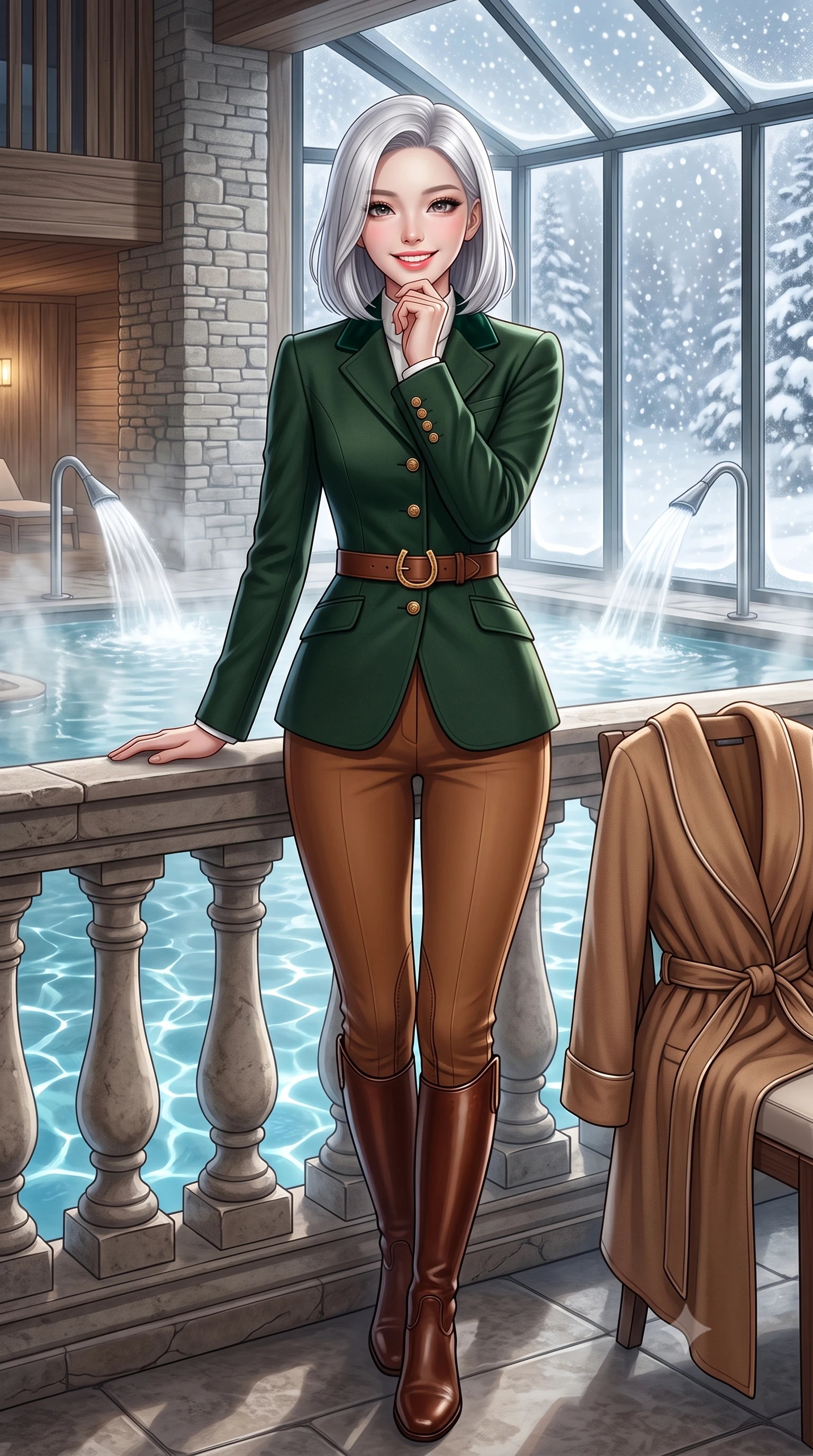 score_9, masterpiece, best quality, ultra-detailed, high-budget anime keyframe, semi-realistic 3D game render, editorial fashion photography, tasteful artistic composition, Korean woman. close-up cowboy shot from the waist and thighs up, the character dominates the composition, filling the frame with her large presence. resting one elbow on the stone balustrade, chin poised lightly on her hand with intelligent, charming warmth while walking past steaming indoor hydrotherapy fountains toward the glass wall looking out at falling snow, turning with radiant poise. The surrounding environment is rendered in vivid detail and crisp panoramic clarity: detailed belted cashmere robe coat tailoring, silk piping borders, and master Swiss spa architecture in razor-sharp precision. She has an exceptionally elegant, slender, and willowy female figure with an ultra-slim waist, flat toned midriff, narrow ribcage, and sculpted feminine hips creating an alluring, slim hourglass silhouette without bulk. sharp v-shaped jawline, high-bridge nose, intricate jewel-like sparkling eyes with depth, thick eyelashes, glossy parted lips with a natural peach sheen, bright cheerful beaming smile with an enchanting and coquettish sensual glint, exuding both youthful cute charm and seductive allure, flawlessly proportioned anatomical accuracy, strict slender model proportions, natural body alignment, perfectly sculpted long slender limbs, ultra-slim waistline, clean dynamic posture without body distortion. wearing a tailored velvet collar wool equestrian blazer paired with slim-cut riding trousers and knee-high leather boots in heritage British racing green and warm cognac brown, woven from fine Australian merino wool with a smooth fluid drape and subtle sheen, finished with a smooth equestrian bridle-leather belt with a polished brass horseshoe buckle, the bespoke architectural tailoring hugging her natural waistline with sartorial precision, creating a clean graceful hourglass silhouette with tall model elegance. illuminated by thermal pool surface caustics and soft pearlescent rim lights accentuating her sharp jawline and slender hourglass silhouette. highly saturated vibrant anime colors, detailed shading with soft gradients, rich glossy textures, high-contrast stereoscopic depth, volumetric dynamic lighting, master piece, 9:16 ratio