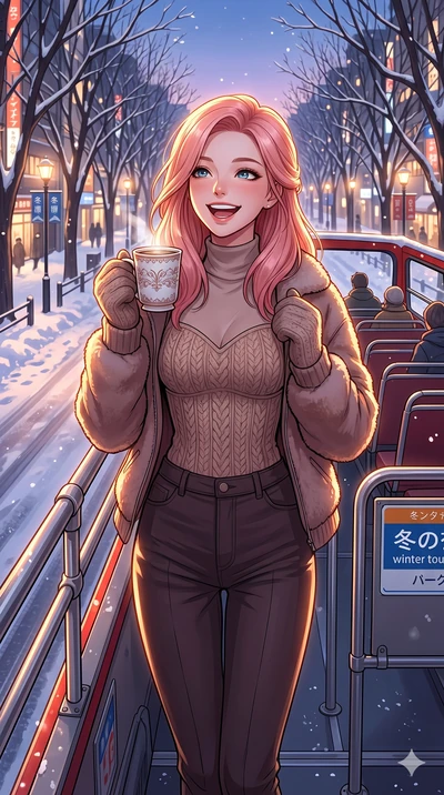 score_9, masterpiece, best quality, ultra-detailed, high-budget anime keyframe, vibrant anime aesthetic, Japanese woman. cowboy shot from the thighs up, character and outfit filling the frame for maximum presence. She is holding a warm mug of cocoa w