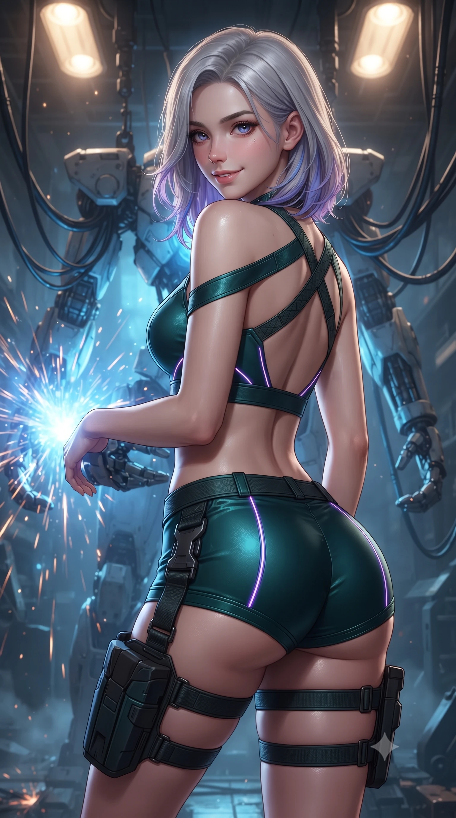 score_9, masterpiece, best quality, ultra-detailed, high-budget anime keyframe, editorial fashion photography, tasteful artistic composition, Caucasian woman. close-up cowboy shot from the waist and thighs up, the character dominates the composition, filling the frame with her large presence. posing in an alluring rear three-quarter angle, turning over a bare shoulder with an intoxicating gaze, her hips cocked back to highlight her slim hourglass curve against the glowing reactor while perching on the arm of a colossal suspended humanoid mech frame, arching her lower back with a playful, confident smile and bedroom-eyes. The background shows a soft-focus cascading welding sparks and suspended hydraulic umbilical cables softened in gritty mecha-hangar shallow focus. She has an exceptionally elegant, slender, and willowy female figure with an ultra-slim waist, flat toned midriff, narrow ribcage, and sculpted feminine hips creating an alluring, slim hourglass silhouette without bulk. sharp v-shaped jawline, high-bridge nose, intricate jewel-like sparkling eyes with depth, thick eyelashes, glossy parted lips with a natural sheen, bright confident smile with an enchanting and coquettish sensual glint, exuding both youthful magnetic charm and sovereign high-tech allure, flawlessly proportioned anatomical accuracy, strict slender model proportions, natural body alignment, perfectly sculpted long slender limbs, ultra-slim waistline, clean dynamic posture without body distortion. wearing a high-tech mechanic crop top with asymmetric shoulder straps paired with ultra-fitted tactical hot-pants and thigh holsters in dark emerald teal and ultraviolet glow lines, formed from supple thermal silicone composite adhering seamlessly like a second skin, finished with criss-cross Kevlar tactical straps tracing her graceful shoulder blades, the liquid-tight tailored fabric clinging flawlessly to her narrow waist and rounded feminine hips, emphasizing every millimeter of her sculpted slim hourglass curves without any bulky heaviness. bathed in high-intensity arc-welding blue light pulses contrasting with warm halogen overhead lamps. ultra-reflective glossy finish, specular highlights, rich textural contrasts, high-contrast stereoscopic depth, volumetric dynamic lighting, 2k, ultra detail, master piece, 9:16 ratio