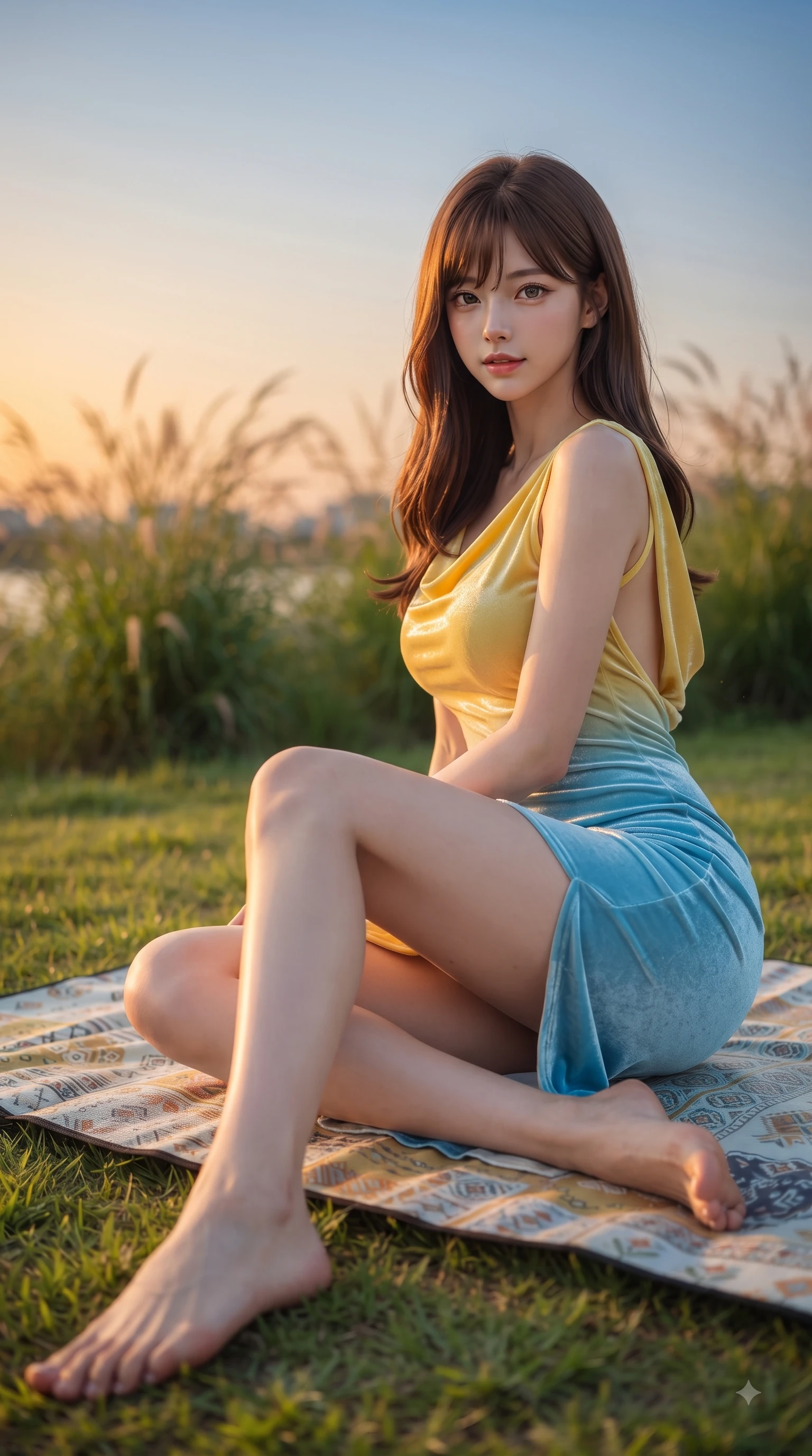 score_9, masterpiece, best quality, ultra-detailed, high-budget anime keyframe, editorial fashion photography, tasteful artistic composition, Korean woman. low angle full-body shot from head to toe showing her feet, filling the entire 9:16 vertical frame with her statuesque presence, stretching her vertical silhouette. stepping forward gracefully in mid-motion with a delighted cute expression, displaying her statuesque model proportions while sitting gracefully on a picnic mat on a green riverfront park lawn during golden hour. The composition keeps background elements in soft focus with dreamy bokeh. swaying park grasses and sunset sky gradients softened in dreamy background focus. She has an absolutely perfect, statuesque 8.5-heads proportion, an exceptionally tall and slender model-like female figure with impossibly long slender legs and an ultra-slim waist. sharp v-shaped jawline, high-bridge nose, intricate jewel-like eyes with depth, thick eyelashes, glossy lips with a natural sheen, flawlessly proportioned anatomical accuracy, natural body alignment, perfectly sculpted elegant limbs, clean dynamic posture without body distortion. wearing a precision-fitted bodycon dress with a graceful open draped back in sunny canary yellow and clear sky blue, made of lustrous stretch velvet, featuring a sleek side leg slit ascending to mid-thigh, the form-contouring material highlighting her ultra-slim waist and long lines. illuminated by soft glowing sunset reflections with cheerful golden rim lights. ultra-reflective glossy finish, specular highlights, metallic sheen, high-contrast stereoscopic depth, volumetric dynamic lighting, 2k, ultra detail, master piece, 9:16 ratio