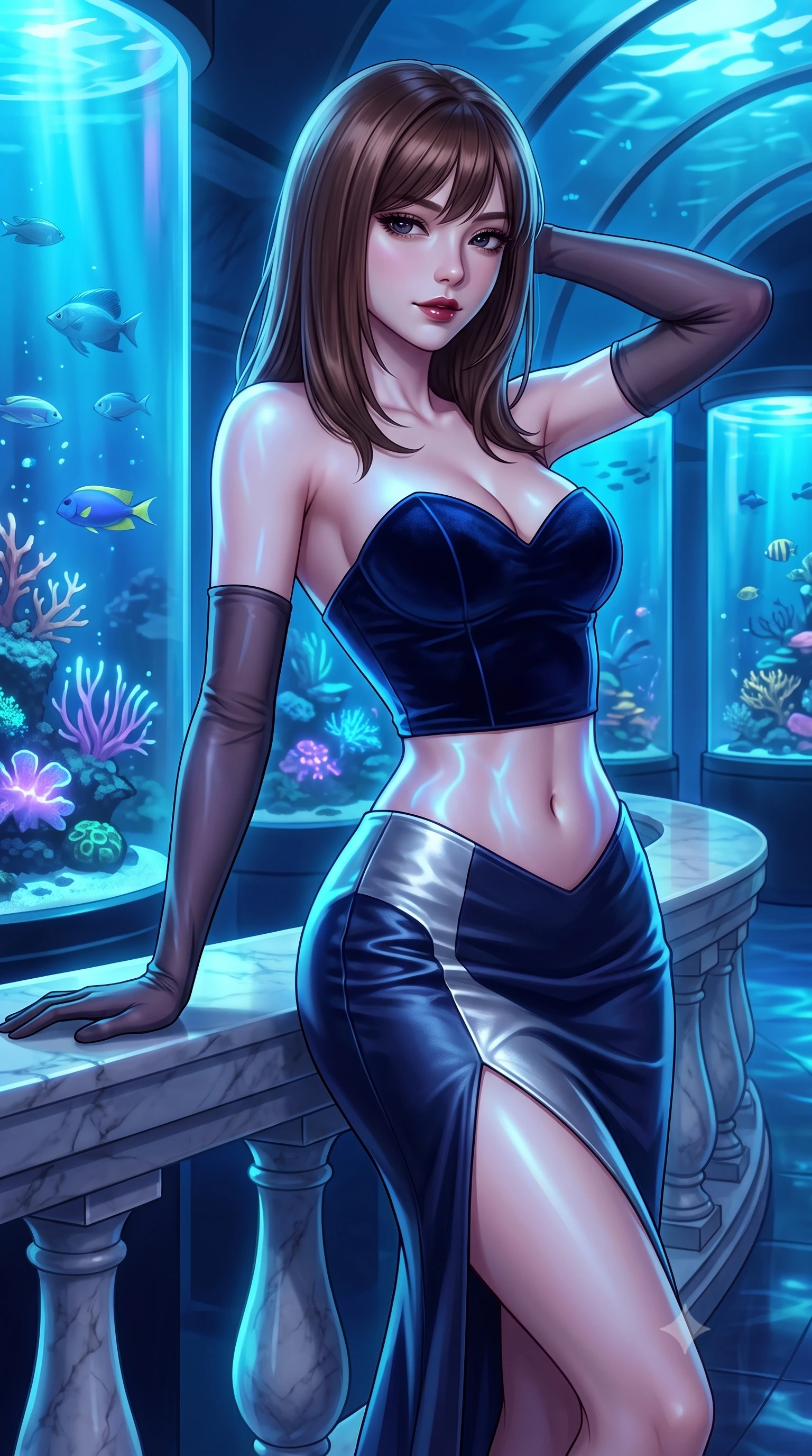 score_9, masterpiece, best quality, ultra-detailed, high-budget anime keyframe, semi-realistic 3D game render, editorial fashion photography, tasteful artistic composition, Korean woman. close-up cowboy shot from the waist and thighs up, the character dominates the composition, filling the frame with her large presence. resting one elbow on the marble balustrade while arching her spine with dancer poise, her dark bedroom-eyes casting a magnetic sidelong glance while twisting her slender torso in an alluring S-curve, bioluminescent cyan and violet ripples playing across her narrow waist and rounded hips. The surrounding environment is rendered in vivid detail and crisp panoramic clarity. detailed glossy outfit reflections, delicate skin highlights, and aquarium tunnel architecture in high clarity. She has an exceptionally elegant, slender, and willowy female figure with an ultra-slim waist, flat toned midriff, narrow ribcage, and sculpted feminine hips creating an alluring, slim hourglass silhouette without bulk. sharp v-shaped jawline, high-bridge nose, intricate jewel-like dark sparkling eyes with dangerous depth, thick curled eyelashes, glossy parted lips with a rich wine sheen, smoldering seductive half-smile with bedroom-eyes, exuding effortless superiority and intoxicating dark allure, flawlessly proportioned anatomical accuracy, strict slender model proportions, natural body alignment, perfectly sculpted long slender limbs, ultra-slim waistline, clean dynamic posture without body distortion. wearing a sweetheart-neckline velvet bustier paired with a curve-hugging high-slit mermaid maxi skirt in midnight sapphire navy and chrome silver, made of supple butter-soft lambskin leather with a subtle satin sheen, complemented by sheer dark opera gloves reaching past her elbows, the form-contouring cut accentuating her sculpted flat midriff, narrow delicate ribcage, and gracefully curvy hips with sovereign high-fashion precision. bathed in deep ethereal sapphire and cyan bioluminescent ambient glow radiating from all sides. highly saturated vibrant anime colors, detailed shading with soft gradients, rich glossy textures, high-contrast stereoscopic depth, volumetric dynamic lighting, master piece, 9:16 ratio