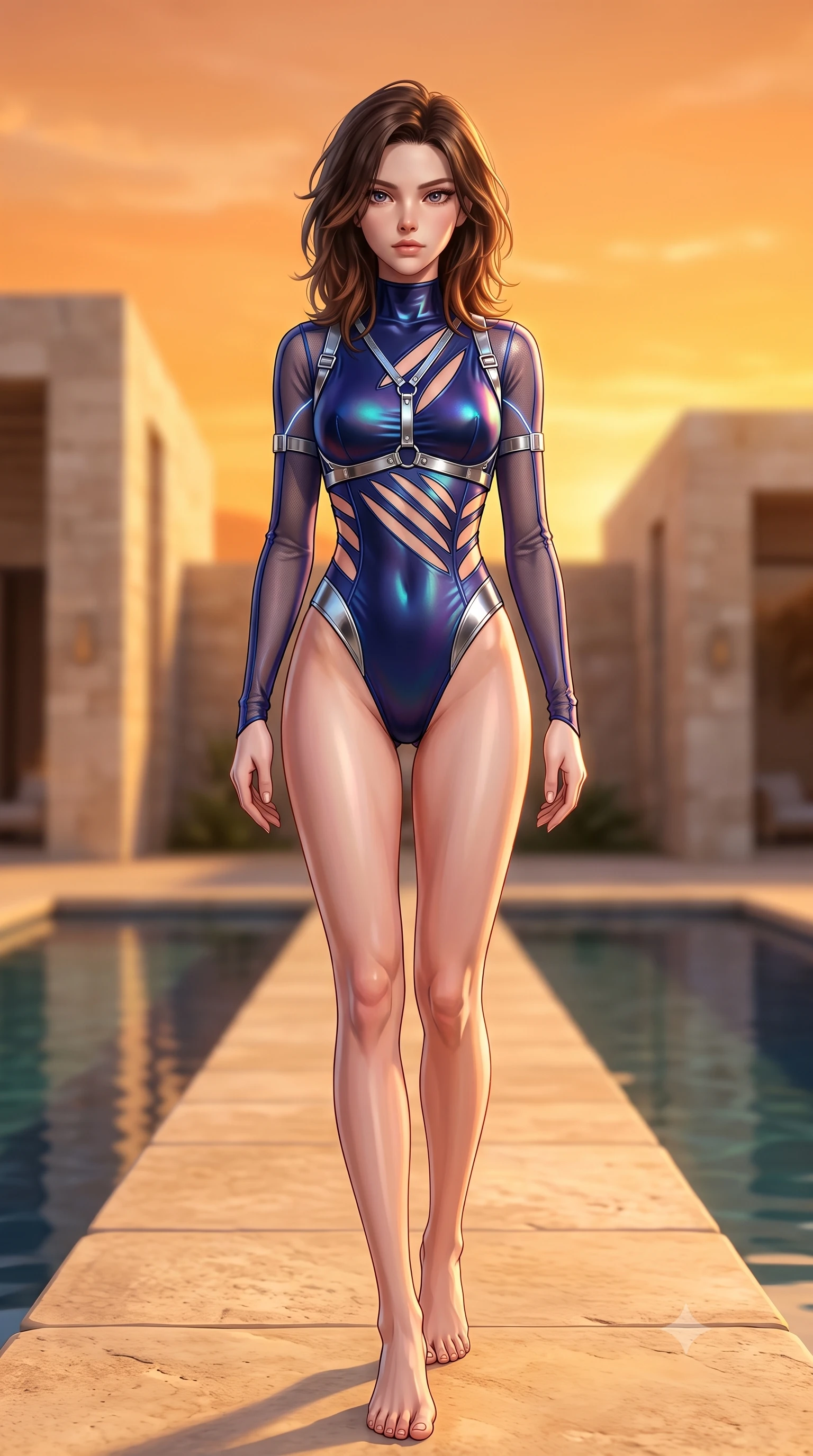 score_9, masterpiece, best quality, ultra-detailed, high-budget anime keyframe, semi-realistic 3D game render, editorial fashion photography, tasteful artistic composition, Korean woman. low angle full-body shot from head to toe showing her feet, filling the entire 9:16 vertical frame with her statuesque presence, stretching her vertical silhouette. striding forward in a proud, statuesque motion with a dangerous smolder, her vertical silhouette dominating the frame from head to toe while standing with commanding elegance at the edge of an oasis reflecting pool under a glorious glowing orange sky. The composition keeps background elements in soft focus with creamy bokeh. modern limestone villa facades and reflecting pool waters softened in dreamy shallow focus. She has an absolutely perfect, statuesque 8.5-heads proportion, an exceptionally tall and slender model-like female figure with impossibly long slender legs, a toned flat midriff, and an ultra-slim waist. sharp v-shaped jawline, high-bridge nose, intricate jewel-like eyes with depth, thick eyelashes, glossy lips with a natural sheen, flawlessly proportioned anatomical accuracy, strict slender model proportions, natural body alignment, perfectly sculpted long slender limbs, ultra-slim waistline, clean dynamic posture without body distortion. wearing an ultra-sleek high-cut tech-bodysuit featuring dangerous diagonal slitted cutouts on the midriff and shoulders, reinforced by a metallic silver harness and sheer mesh sleeves in deep royal navy blue and specular chrome, made of smooth iridescent silk chiffon that shifts colors with movement, reinforced by a sleek metallic chrome harness and delicate glowing micro-straps, the glove-like aerodynamic second-skin fit tightly clinging to her ultra-slender waist and athletic curves without adding bulk, accentuating her razor-sharp statuesque lines and slim hourglass silhouette. surrounded by an exotic, romantic, and intensely magnetic golden desert luxury aura. highly saturated vibrant anime colors, detailed shading with soft gradients, rich glossy textures, high-contrast stereoscopic depth, volumetric dynamic lighting, master piece, 9:16 ratio