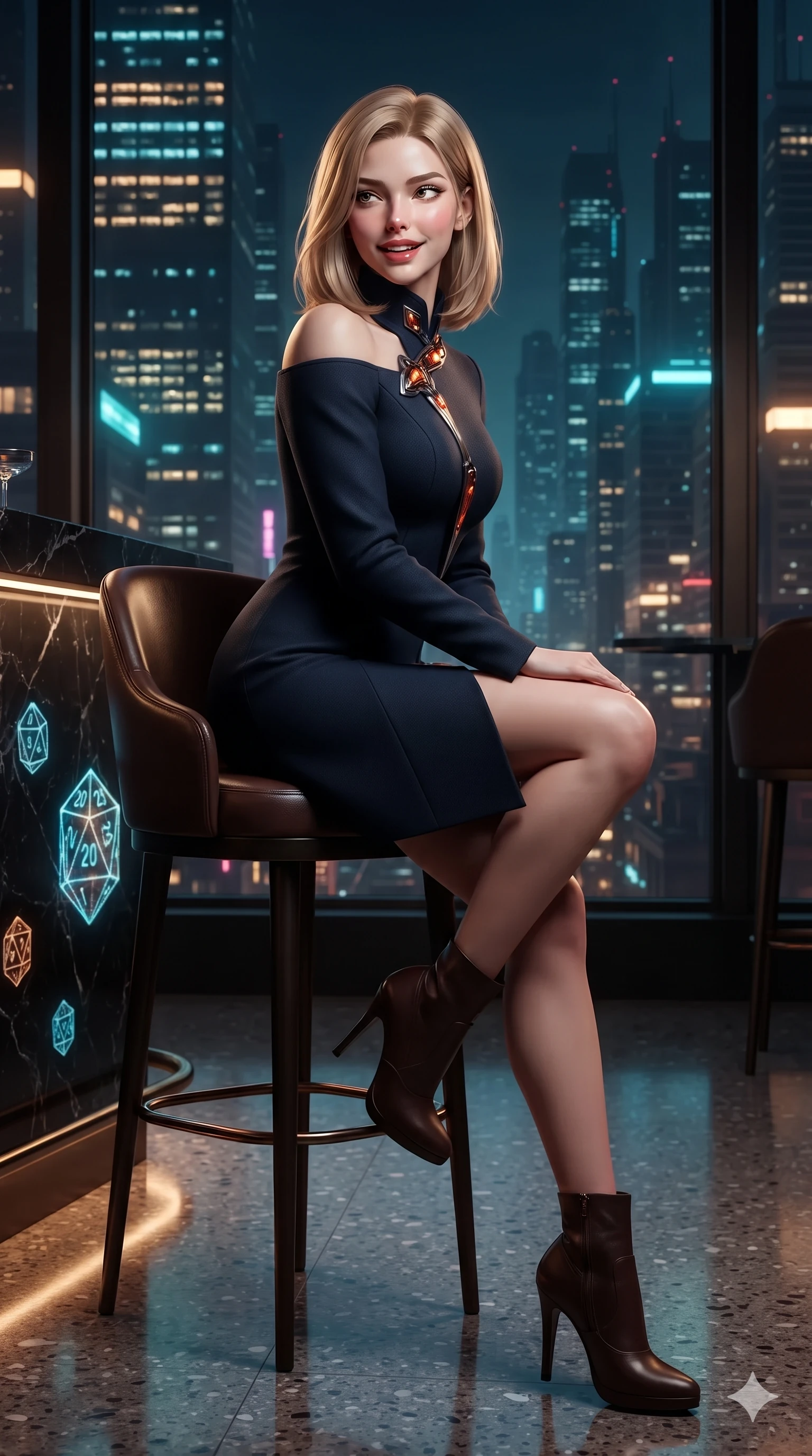 score_9, masterpiece, best quality, ultra-detailed, high-budget anime keyframe, editorial fashion photography, tasteful artistic composition, Korean woman. low angle full-body shot from head to toe showing her feet, filling the entire 9:16 vertical frame with her statuesque presence, stretching her vertical silhouette. posing in a classic haute-couture S-curve stance beside the panoramic viewport, looking over a bare shoulder with magnetic presence while perched gracefully on a high leather bar stool with legs crossed, flashing an enchanting, playful smile with parted glossy lips. The surrounding environment is rendered in vivid detail and crisp panoramic clarity: sharp holographic dice numeral facets, polished black marble counter bevels, and crisp skyscraper window grids in deep focus. She has an absolutely perfect, statuesque 8.5-heads proportion, an exceptionally tall and slender model-like female figure with impossibly long slender legs, an ultra-slim waist, a flat toned midriff, narrow delicate ribcage, and beautifully sculpted feminine hips creating a graceful, slim hourglass silhouette without any bulky heaviness. sharp v-shaped jawline, high-bridge nose, intricate jewel-like sparkling eyes with depth, thick eyelashes, glossy parted lips with a natural sheen, bright confident smile with an enchanting and coquettish sensual glint, exuding both youthful magnetic charm and sovereign high-tech allure, flawlessly proportioned anatomical accuracy, strict slender model proportions, natural body alignment, perfectly sculpted long slender limbs, ultra-slim waistline, clean dynamic posture without body distortion. wearing a prestigious diplomatic high-neck sci-fi senate coat dress in structured nano-wool with polished titanium clasp hardware in fiery geothermal copper and molten amber glow, tailored from brushed aeronautical titanium alloy with matte satin sheen, finished with polished chrome buckle hardware and modular magnetic holster clasps, the bespoke structured tailoring following the natural line of her 8.5-heads silhouette with refined elegance. illuminated by bar top reflections and sharp gold-cyan rim lights defining her razor-sharp jawline, narrow waist, and curvy hips. ultra-reflective glossy finish, specular highlights, rich textural contrasts, high-contrast stereoscopic depth, volumetric dynamic lighting, 2k, ultra detail, master piece, 9:16 ratio