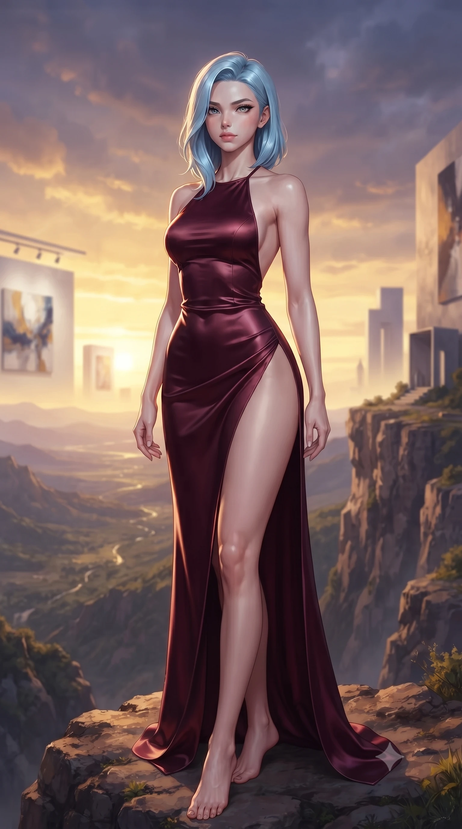 score_9, masterpiece, best quality, ultra-detailed, high-budget anime keyframe, editorial fashion photography, tasteful artistic composition, Korean woman woman. low angle full-body shot from head to toe showing her feet, filling the entire 9:16 vertical frame with her statuesque presence, stretching her vertical silhouette. standing proud on a scenic cliff overlooking the valley, her silhouette framed by the golden sky the background shows a soft-focus a minimalist gallery hall with polished concrete floors and large abstract paintings in soft focus. She has an absolutely perfect, statuesque 8.5-heads proportion, an exceptionally tall and slender model-like female figure with impossibly long slender legs and an ultra-slim waist. sharp v-shaped jawline, high-bridge nose, intricate jewel-like eyes with depth, thick eyelashes, glossy lips with a natural sheen. wearing a body-hugging high-slit satin gown in deep burgundy with an elegant halter neck and open back. clean white gallery spotlights contrasting with soft ambient shadow. ultra-reflective glossy finish, specular highlights, metallic sheen, high-contrast stereoscopic depth, volumetric dynamic lighting, 2k, ultra detail, master piece, 9:16 ratio