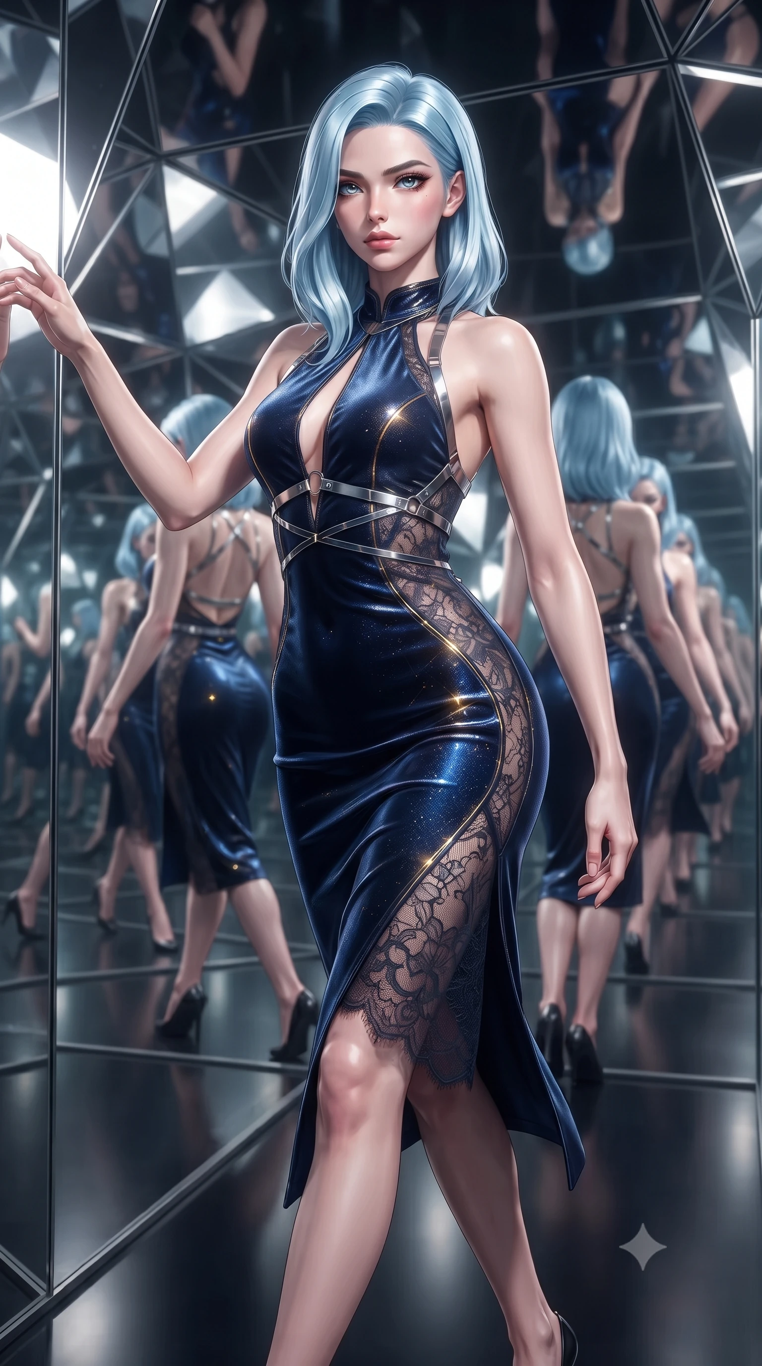 score_9, masterpiece, best quality, ultra-detailed, high-budget anime keyframe, editorial fashion photography, tasteful artistic composition, Korean woman. close-up cowboy shot from the waist and thighs up, the character dominates the composition, filling the frame with her large presence. extending one arm gracefully toward the light while her torso arches in a sleek, alluring curve with magnetic intensity while striding commanding through a futuristic mirror labyrinth as infinite reflections trace her statuesque contour. The composition keeps background elements in soft focus with creamy bokeh. shimmering silver prism facets and dark glass runways softened by shallow cinematic depth of field. She has an exceptionally elegant, slender, and willowy female figure with an ultra-slim waist, a gracefully sculpted slender torso, and a refined silhouette. sharp v-shaped jawline, high-bridge nose, intricate jewel-like eyes with depth, thick eyelashes, glossy lips with a natural sheen, flawlessly proportioned anatomical accuracy, natural body alignment, perfectly sculpted elegant limbs, clean dynamic posture without body distortion. wearing a velvet halter-neck midi dress fitting her statuesque contour flawlessly with a Tasteful chest slit and open spine in midnight sapphire blue and glowing gold filaments, crafted from delicate dark lace interwoven with luminescent micro-fibers, reinforced by a sleek metallic chrome harness and delicate glowing micro-straps, the sleek aerodynamic cut emphasizing her magnetic presence and alluring physical grace. surrounded by a hyper-luxurious, futuristic, and fiercely glamorous fashion editorial aura. ultra-reflective glossy finish, specular highlights, metallic sheen, high-contrast stereoscopic depth, volumetric dynamic lighting, 2k, ultra detail, master piece, 9:16 ratio