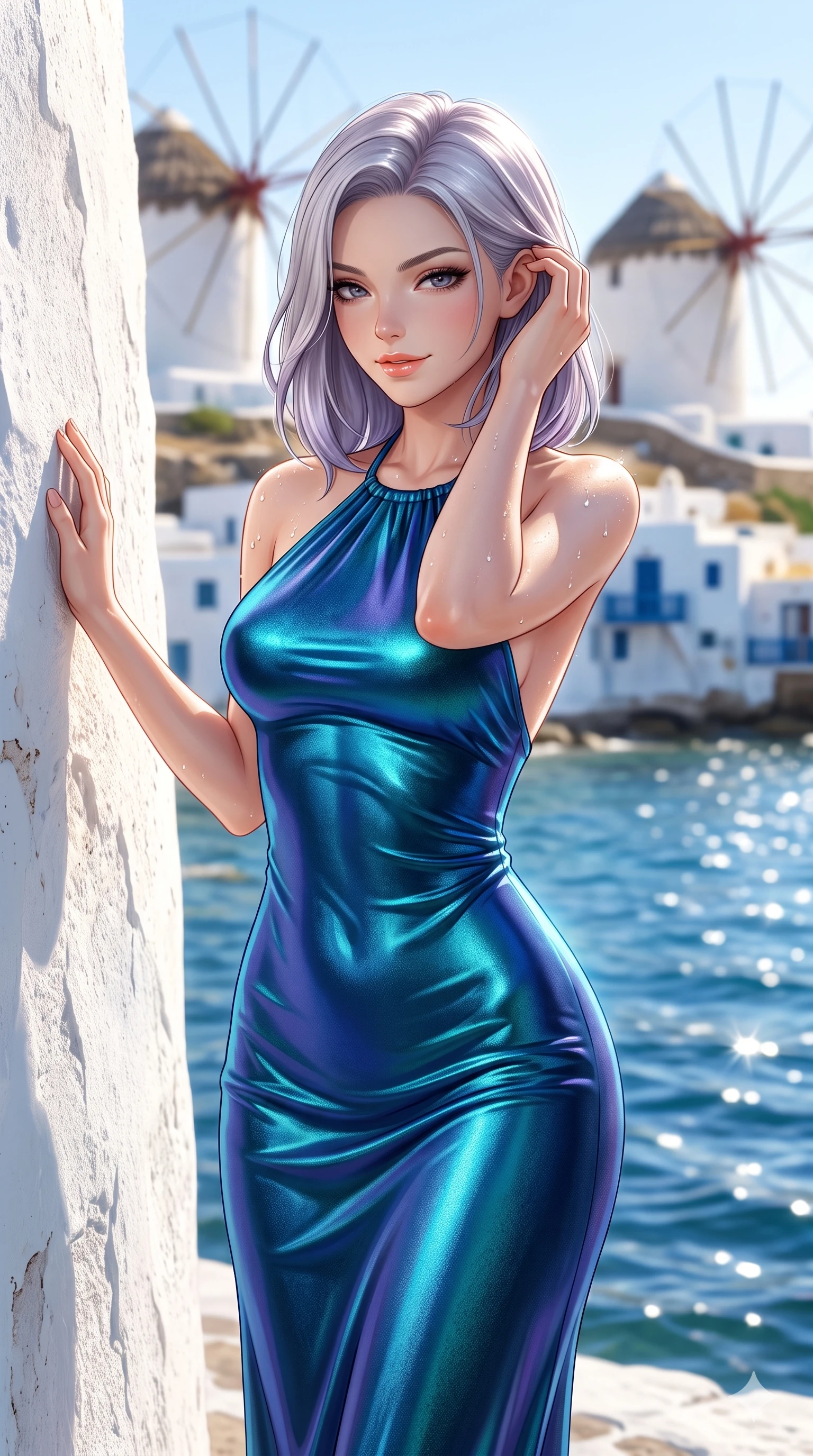 score_9, masterpiece, best quality, ultra-detailed, high-budget anime keyframe, semi-realistic 3D game render, editorial fashion photography, tasteful artistic composition, Caucasian woman. close-up cowboy shot from the waist and thighs up, the character dominates the composition, filling the frame with her large presence. gently brushing a lock of salt-kissed hair behind her ear while casting a playful, flirtatious side-gaze with long eyelashes while standing tall beside the iconic round whitewashed windmill, one hand resting on the chalk-white stucco while arching her lower back to emphasize her curvy hips against the cobalt Aegean sea. The background shows a soft-focus iconic thatched-roof whitewashed windmills, Little Venice cliff houses, and sapphire waves blurred into pure white, cobalt, and gold bokeh. She has an exceptionally elegant, slender, and willowy female figure with an ultra-slim waist, flat toned midriff, narrow ribcage, and sculpted feminine hips creating an alluring, slim hourglass silhouette without bulk. sharp v-shaped jawline, high-bridge nose, sparkling eyes with hypnotic seductive depth, thick curled eyelashes, glossy parted lips with a natural dewy peach sheen, alluring bedroom-eyes with an enchanting coquettish smile, exuding magnetic siren charisma and sophisticated glamour, flawlessly proportioned anatomical accuracy, strict slender model proportions, natural body alignment, perfectly sculpted long slender limbs, ultra-slim waistline, clean dynamic posture without body distortion. wearing a form-fitting liquid mercury jersey halter dress clinging smoothly to her narrow waist and rounded hips in deep Capri grotto sapphire and glowing electric teal, tailored from crisp high-density nautical cotton poplin with pristine structural hold, finished with glistening drops of seawater beading across her sculpted shoulders and flat midriff, the impeccably tailored cut draping gracefully along her slender figure with aristocratic resort poise. bathed in the blinding, high-key Aegean daylight reflecting brilliantly off chalk-white stucco walls with crisp azure sky contrast. highly saturated vibrant anime colors, detailed shading with soft gradients, rich glossy textures, high-contrast stereoscopic depth, volumetric dynamic lighting, master piece, 9:16 ratio