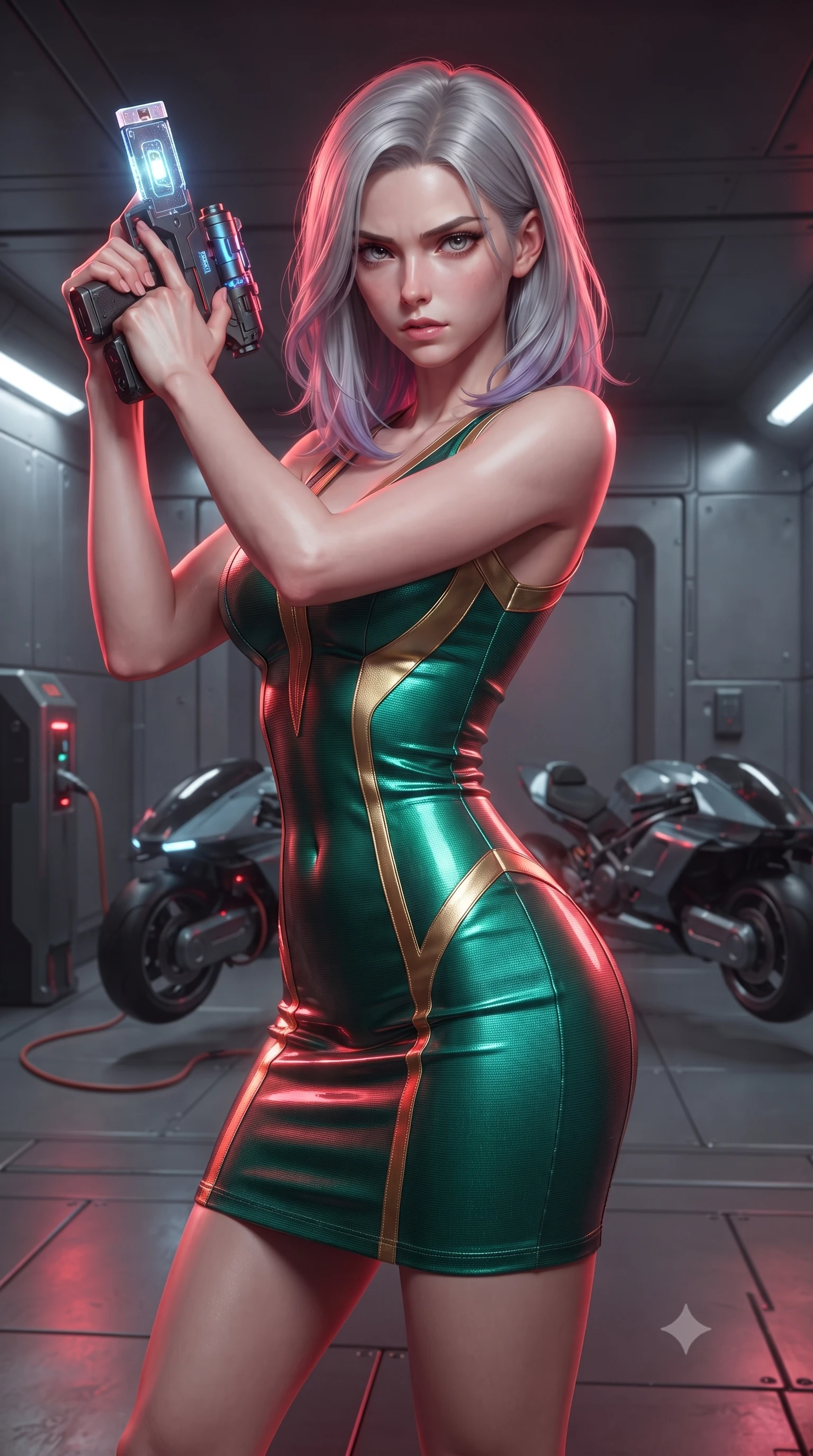 score_9, masterpiece, best quality, ultra-detailed, high-budget anime keyframe, editorial fashion photography, tasteful artistic composition, realistic cosplay photography, Caucasian woman, strictly human ears. close-up cowboy shot from the waist and thighs up, the character dominates the composition, filling the frame with her large presence, background elements kept in soft focus. Holding a glowing data drive aloft while reloading a futuristic plasma pistol, ready for the next wave. set against a soft-focus background of a clean metallic garage with sleek hover-bikes plugged into charging terminals, plasma cords humming. She has an exceptionally elegant and slender, willowy female figure with an ultra-slim waist, a gracefully sculpted slender torso, and a refined slim physique. sharp v-shaped jawline, high-bridge nose, intricate jewel-like eyes with depth, thick eyelashes, glossy lips with a natural sheen. wearing tailored for maximum mobility, sleek form-contouring panels that allow fluid movement, a form-contouring precision-cut bandage dress in a striking emerald and gold pattern, contouring and highlighting her slender hourglass waist. deep crimson theatrical lighting with sharp specular highlights on every curve. ultra-reflective glossy finish, specular highlights, metallic sheen, high-contrast stereoscopic depth, volumetric dynamic lighting, 2k, ultra detail, master piece, 9:16 ratio