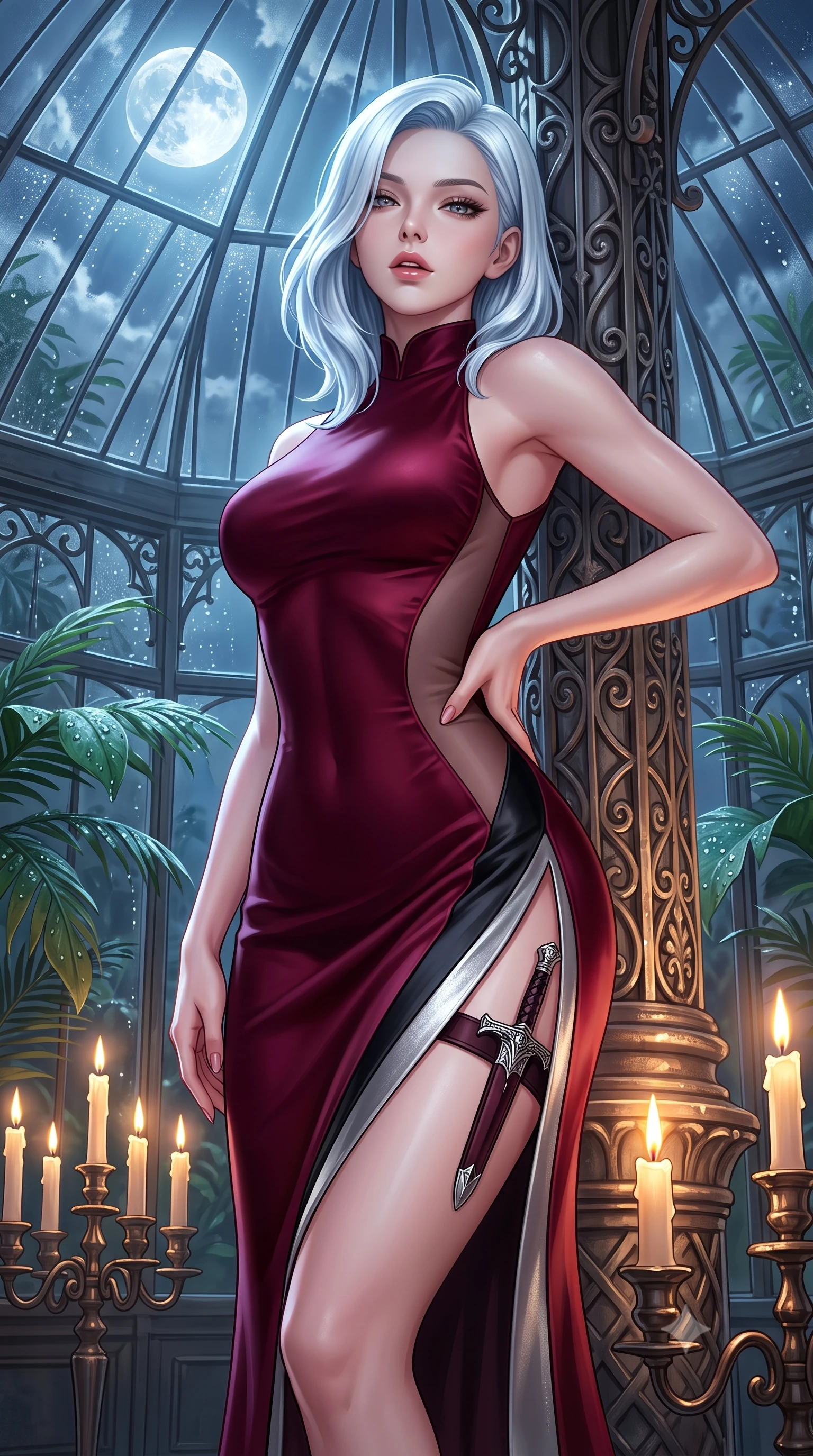 score_9, masterpiece, best quality, ultra-detailed, high-budget anime keyframe, semi-realistic 3D game render, editorial fashion photography, tasteful artistic composition, Korean woman. close-up cowboy shot from the waist and thighs up, the character dominates the composition, filling the frame with her large presence. arching her spine in an alluring serpentine S-curve, one hand resting on her waist with parted glossy lips and an intensely magnetic gaze while leaning back against an ornate wrought-iron conservatory pillar, head tilted in ecstasy with parted glossy lips. The surrounding environment is rendered in vivid detail and crisp panoramic clarity. detailed moonlight reflections on glass panels, dew droplets on leaves, and antique candelabras in high clarity. She has an exceptionally elegant, slender, and willowy female figure with an ultra-slim waist, a gracefully sculpted slender torso, toned flat midriff, and a refined slim silhouette. sharp v-shaped jawline, high-bridge nose, intricate jewel-like eyes with depth, thick eyelashes, glossy parted lips with a natural sheen, intensely captivating and seductive expression, flawlessly proportioned anatomical accuracy, strict slender model proportions, natural body alignment, perfectly sculpted long slender limbs, ultra-slim waistline, clean dynamic posture without body distortion. wearing a high-collar burgundy duchess satin gown with asymmetrical sheer side panels and thigh slit in raven black and shimmering silver mercury, tailored from ultra-smooth duchess satin with a pearlescent sheen, equipped with a concealed dagger sheath garter under her slit skirt, the glove-like aerodynamic second-skin fit tightly clinging to her ultra-slender waist and feminine curves without adding bulk. bathed in cold lunar moonlight from above and warm flickering candle uplights from below. highly saturated vibrant anime colors, detailed shading with soft gradients, rich glossy textures, high-contrast stereoscopic depth, volumetric dynamic lighting, master piece, 9:16 ratio