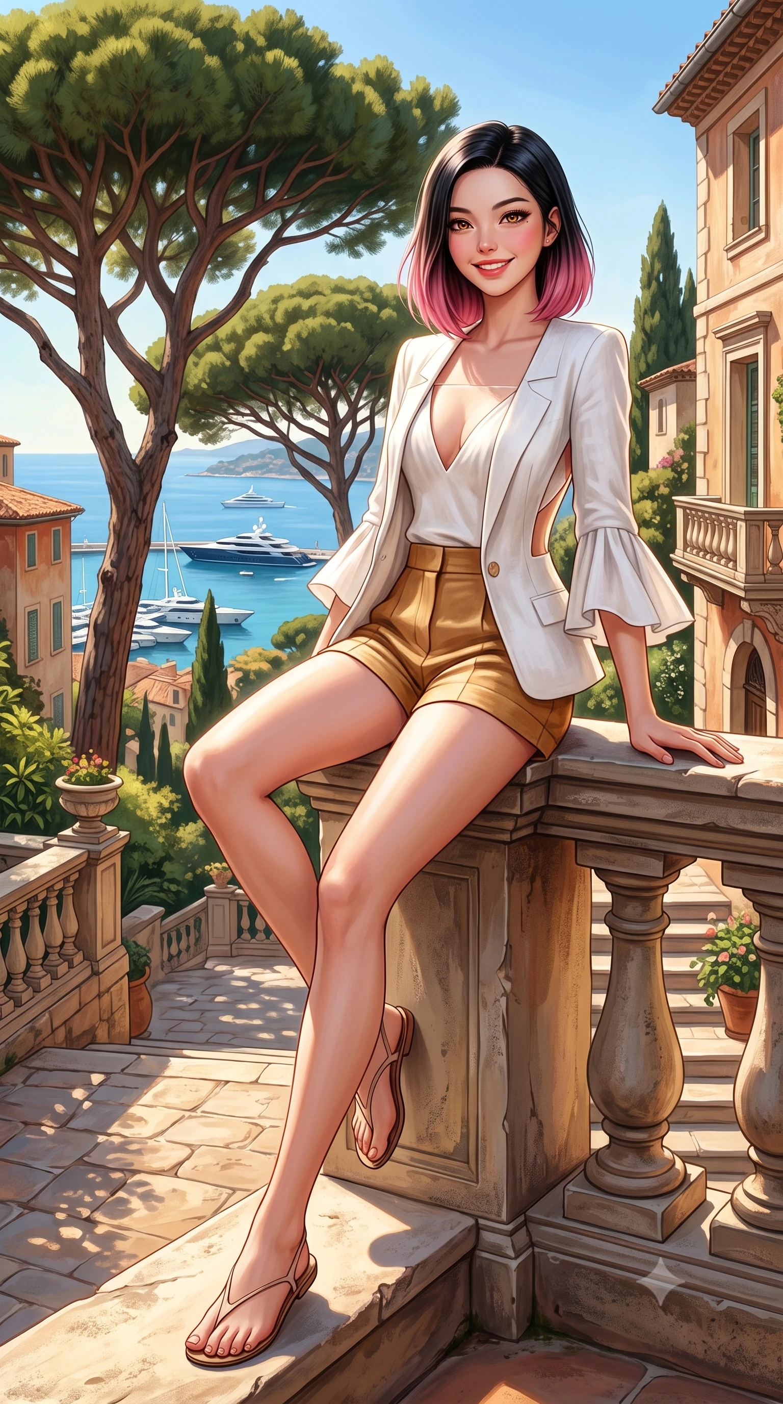 score_9, masterpiece, best quality, ultra-detailed, high-budget anime keyframe, semi-realistic 3D game render, editorial fashion photography, tasteful artistic composition, Korean woman. low angle full-body shot from head to toe showing her feet, filling the entire 9:16 vertical frame with her statuesque presence, stretching her vertical silhouette. sitting perched on the elevated stone edge with legs crossed and hips angled toward the camera, displaying her toned midriff and long slender limbs with joyful, coquettish charm while standing poised on the terracotta terrace under ancient umbrella pines, arching her lower back with sovereign glamour as yachts cruise the bay. The surrounding environment is rendered in vivid detail and crisp panoramic clarity. detailed resort outfit drape, sun-kissed skin texture, and Provençal villa architectural precision in high resolution. She has an exceptionally tall and slender model-like 8.5-heads proportion, an ultra-slim waist, a flat toned midriff, narrow delicate ribcage, and beautifully sculpted feminine hips creating a graceful, slim hourglass silhouette without any bulky heaviness, with impossibly long slender legs. sharp v-shaped jawline, high-bridge nose, sparkling amber-hazel eyes with depth, long lush eyelashes, glossy sun-kissed lips with a warm coral glaze, radiant teasing smile with sensual sunlit bedroom-eyes, exuding effortless old-money elegance and intoxicating sun-drenched allure, flawlessly proportioned anatomical accuracy, strict slender model proportions, natural body alignment, perfectly sculpted long slender limbs, ultra-slim waistline, clean dynamic posture without body distortion. wearing a breezy white linen tailored blazer worn over a plunging-V camisole and high-waisted tailored linen shorts in warm honey bronze and pearlescent ivory, tailored from crisp cotton poplin with clean structural architectural lines, featuring elegant flutter sleeves and a graceful square neckline, the precision-cut side openings and low-back scoop framing her graceful spine and the sensual sweep of her slim, sun-kissed hips. illuminated by pool bounce light and sharp champagne rim lighting sculpting her razor-sharp jawline, narrow waist, and curvy hips. highly saturated vibrant anime colors, detailed shading with soft gradients, rich glossy textures, high-contrast stereoscopic depth, volumetric dynamic lighting, master piece, 9:16 ratio