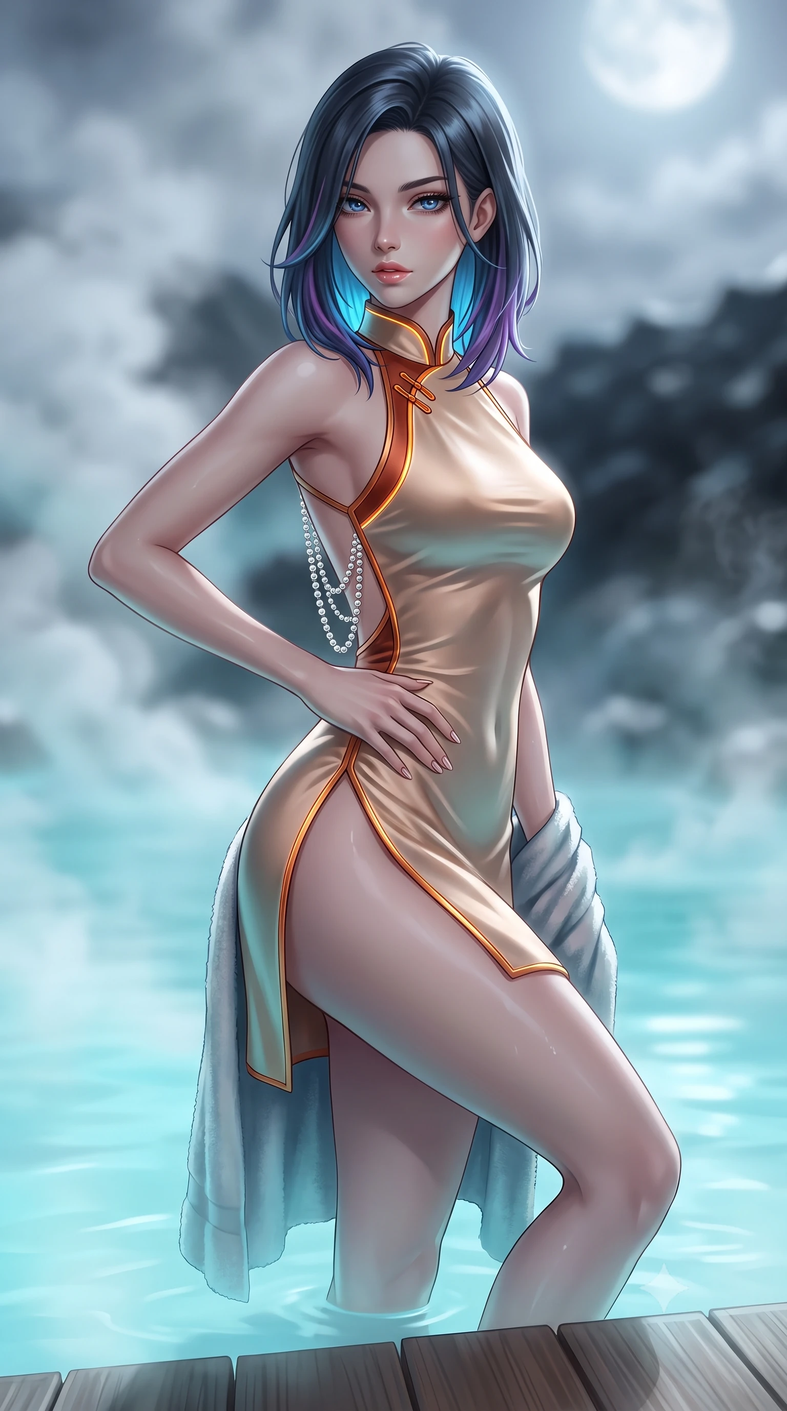 score_9, masterpiece, best quality, ultra-detailed, high-budget anime keyframe, semi-realistic 3D game render, editorial fashion photography, tasteful artistic composition, Caucasian woman. close-up cowboy shot from the waist and thighs up, the character dominates the composition, filling the frame with her large presence. resting one manicured hand delicately on her hip bone, her upper body turning in a fluid, seductive S-curve while parted lips glisten in the light while stepping lightly out of the milky thermal water onto the heated wooden deck, wrapping a plush towel loosely around her curvy hips. The composition keeps background elements in soft focus with creamy bokeh. swirling geothermal steam clouds and distant volcanic basalt ridges blurred into milky-cyan, deep charcoal, and silver-moonlight bokeh. She has an exceptionally elegant, slender, and willowy female figure with an ultra-slim waist, flat toned midriff, narrow ribcage, and sculpted feminine hips creating an alluring, slim hourglass silhouette without bulk. sharp v-shaped jawline, high-bridge nose, intricate jewel-like eyes with depth, thick eyelashes, glossy parted lips with a natural sheen, intensely captivating and seductive bedroom-eyes expression, flawlessly proportioned anatomical accuracy, strict slender model proportions, natural body alignment, perfectly sculpted long slender limbs, ultra-slim waistline, clean dynamic posture without body distortion. wearing a modernized cyber-qipao mini dress with an ultra-high side slit ascending to the hip and glowing piping in molten desert gold and burnt terracotta, tailored from smooth liquid silk satin adhering seamlessly to her skin, accented with a multi-strand pearl back necklace cascading down her bare spine to her hips, the glove-like aerodynamic silhouette tightly following the natural contour of her hips and long slender legs with statuesque 8.5-heads elegance. bathed in soft underwater milky-cyan LED lagoon illumination and cool silver full-moon light from above. highly saturated vibrant anime colors, detailed shading with soft gradients, rich glossy textures, high-contrast stereoscopic depth, volumetric dynamic lighting, master piece, 9:16 ratio