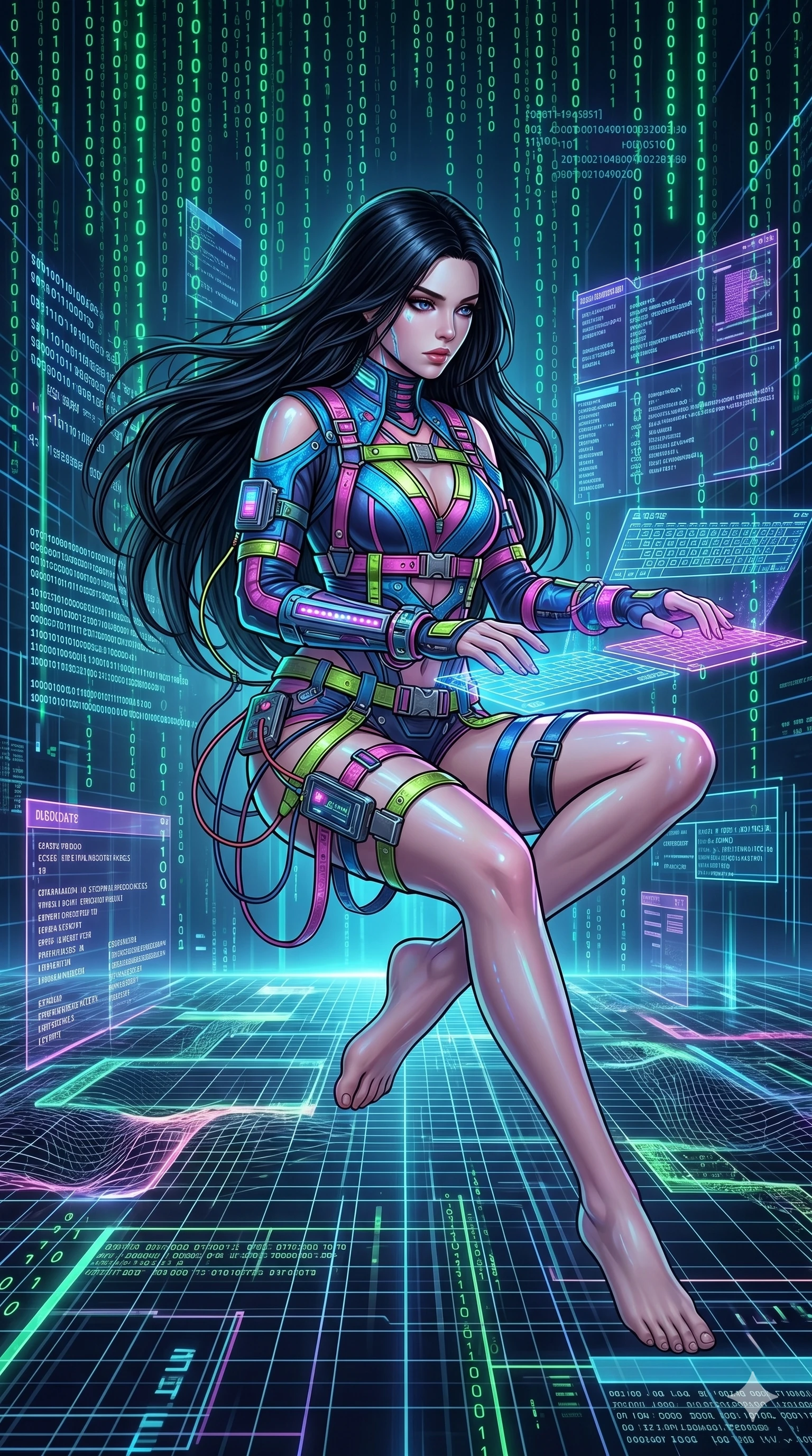 score_9, score_8_up, score_7_up, source_anime, masterpiece, best quality, ultra-detailed, same character with long flowing black hair, wearing a neon-colored hacker outfit with multiple belts and straps, full body shot sitting cross-legged floating in a virtual reality cyberspace, abstract digital grid floor, glowing green code rain falling around her, 2k, 9:16 ratio