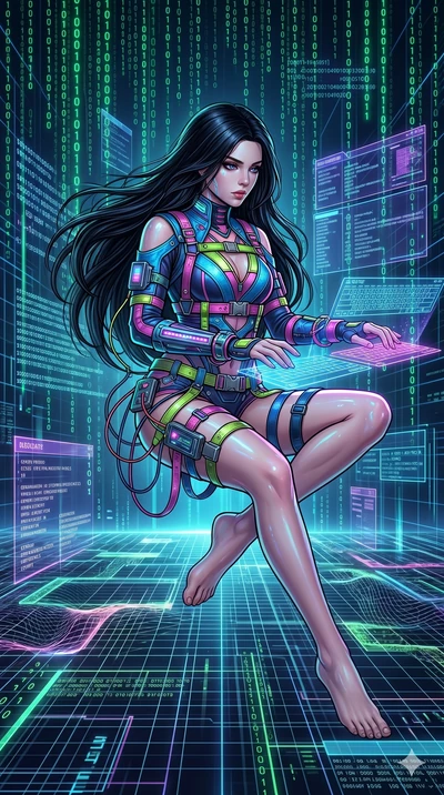 score_9, score_8_up, score_7_up, source_anime, masterpiece, best quality, ultra-detailed, same character with long flowing black hair, wearing a neon-colored hacker outfit with multiple belts and straps, full body shot sitting cross-legged floating i