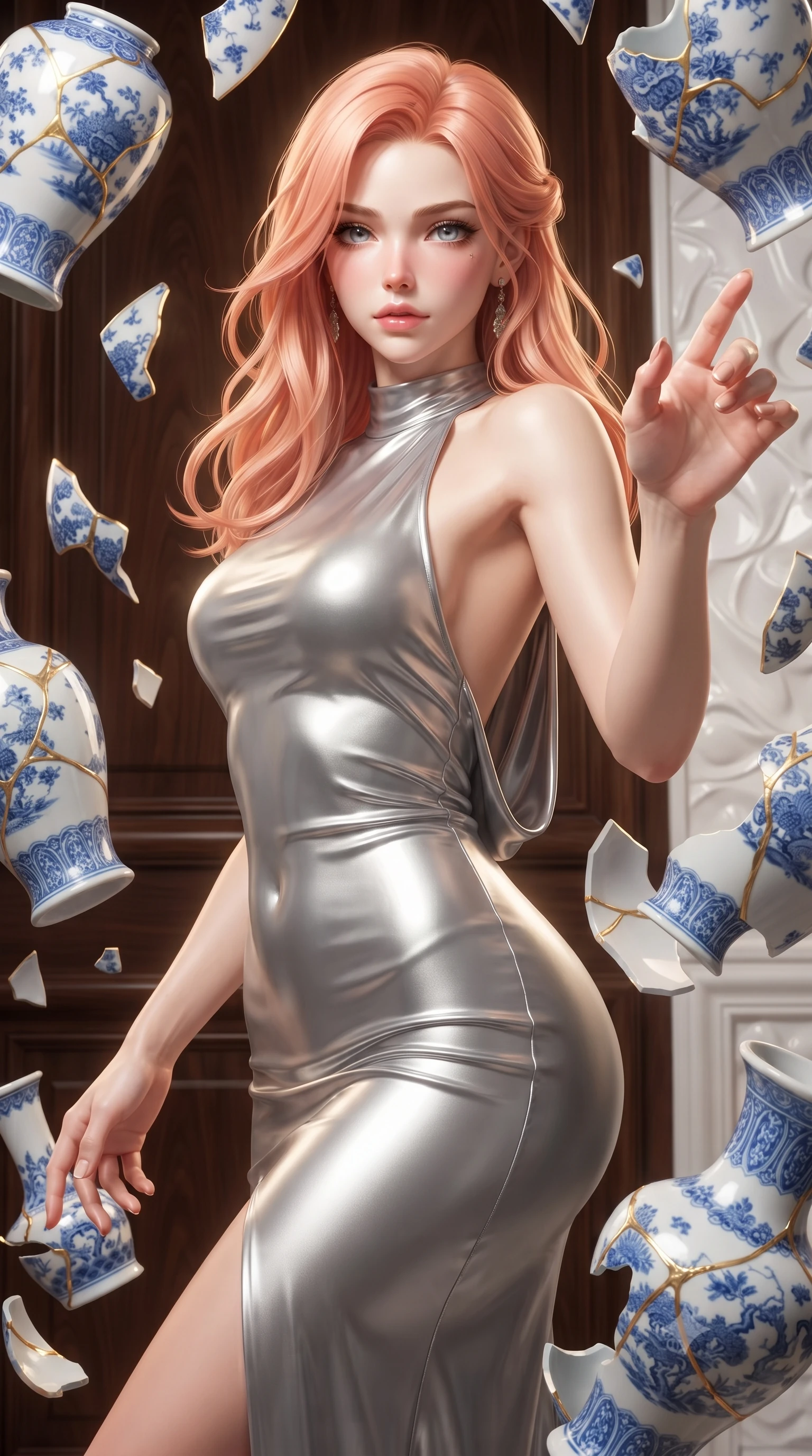 score_9, masterpiece, best quality, ultra-detailed, high-budget anime keyframe, editorial fashion photography, tasteful artistic composition, Japanese woman. close-up cowboy shot from the waist and thighs up, the character dominates the composition, filling the frame with her large presence, background elements kept in soft focus. Reaching one hand gracefully toward the viewer with effortless superiority and allure poised amidst suspended blue-and-white porcelain vase fragments with gold seams, polished dark wood and white ceramic textures contrasting elegantly. She has an exceptionally elegant, slender, and willowy female figure with an ultra-slim waist, a gracefully sculpted slender torso, and a refined silhouette. sharp v-shaped jawline, high-bridge nose, intricate jewel-like eyes with depth, thick eyelashes, glossy lips with a natural sheen. wearing a precision-fitted liquid silver jersey bodycon dress with a graceful draped back, the elegant draped fit framing her graceful clavicle and slender torso. bathed in radiant golden kintsugi light radiating from ceramic cracks. ultra-reflective glossy finish, specular highlights, metallic sheen, high-contrast stereoscopic depth, volumetric dynamic lighting, 2k, ultra detail, master piece, 9:16 ratio