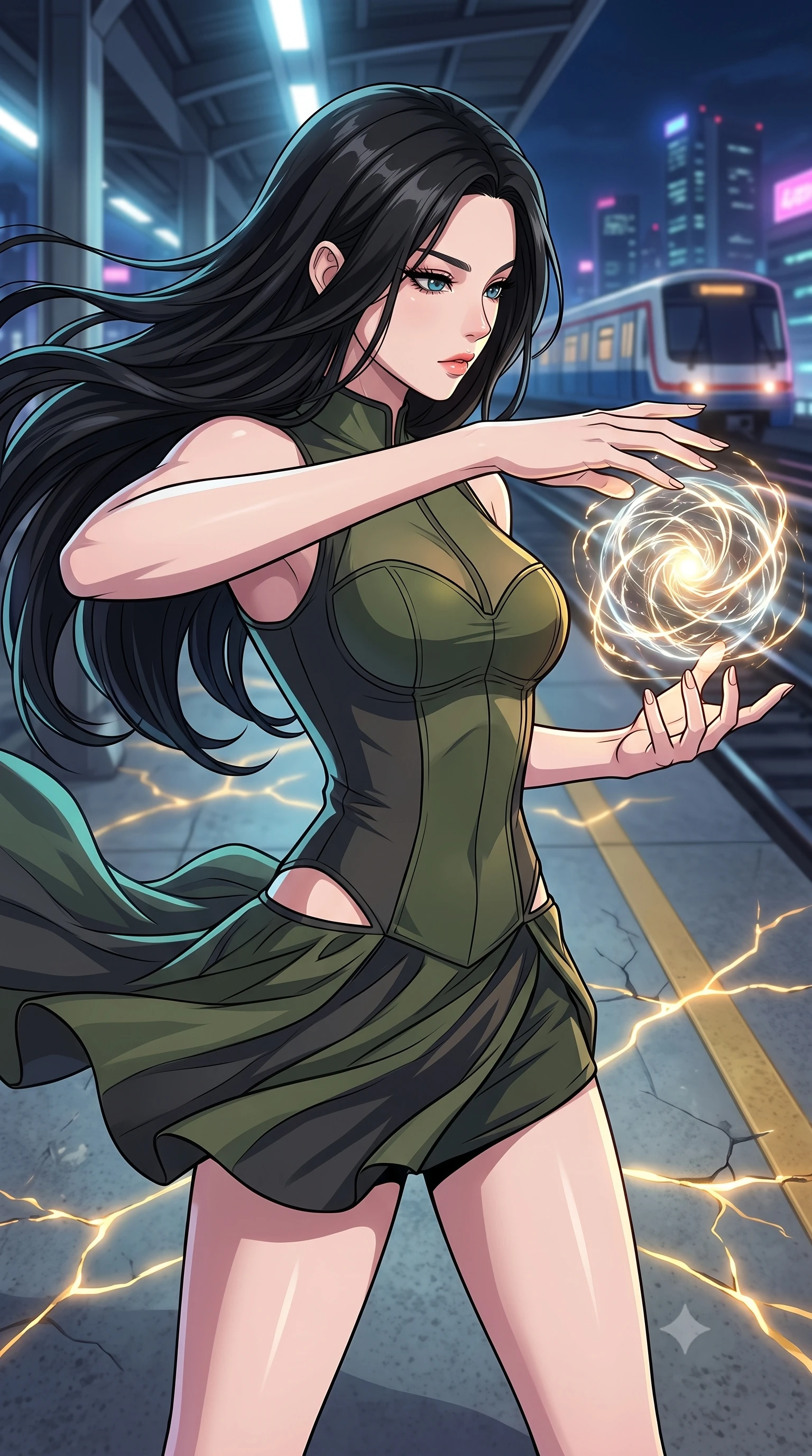 score_9, masterpiece, best quality, ultra-detailed, high-budget anime keyframe, clean line-art, cel-shading, Korean woman. close-up cowboy shot from the waist and thighs up, the character dominates the composition, filling the frame with her large presence, background elements kept in soft focus. Channelling a swirling orb of energy between her hands with an intense focused gaze. set against a soft-focus background of the platform edge of an elevated sky-train station, wind whipping past as a train speeds away into a neon skyline. She has an exceptionally elegant and slender, willowy female figure with an ultra-slim waist, a gracefully sculpted slender torso, and a refined slim physique. sharp v-shaped jawline, high-bridge nose, intricate jewel-like eyes with depth, thick eyelashes, glossy lips with a natural sheen. wearing the lightweight fabric rippling and billowing dramatically with her movement, a body-hugging combat mini dress in dark olive green and charcoal, featuring subtle hip cutouts and a structured bodice. glowing kintsugi gold light radiating from cracks in the environment creating a majestic inner glow. highly saturated vibrant anime colors, intense vivid color palette, volumetric dynamic lighting, 2k, ultra detail, master piece, 9:16 ratio