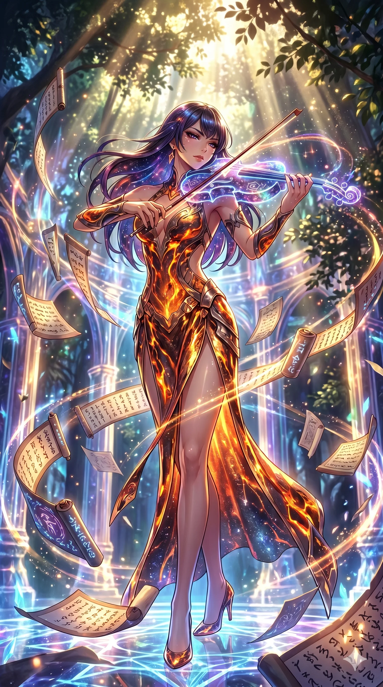 score_9, masterpiece, best quality, ultra-detailed, Set A: High-budget Anime Keyframe, Japanese woman. Low angle cowboy shot filling the entire 9:16 frame with her statuesque presence. Theme: Abstract Cosmic. playing a holographic violin in a temple made of solid light, surrounded by a whirlwind of 43 floating ancient scrolls. The atmosphere is filled with cinematic sunlight through leaves. She has an absolutely perfect 8-heads proportion, an exceptionally tall and slender female figure with impossibly long slender legs and an ultra-slim waist. Sharp v-shaped jawline, high-bridge nose, intricate jewel-like eyes with depth, glossy lips. Wearing Lava-textured metallic dress that glows with an internal fire, featuring an open back. Cinematic lighting, vivid colors, dramatic shadows, 2k, ultra detail, master piece, 9:16 ratio