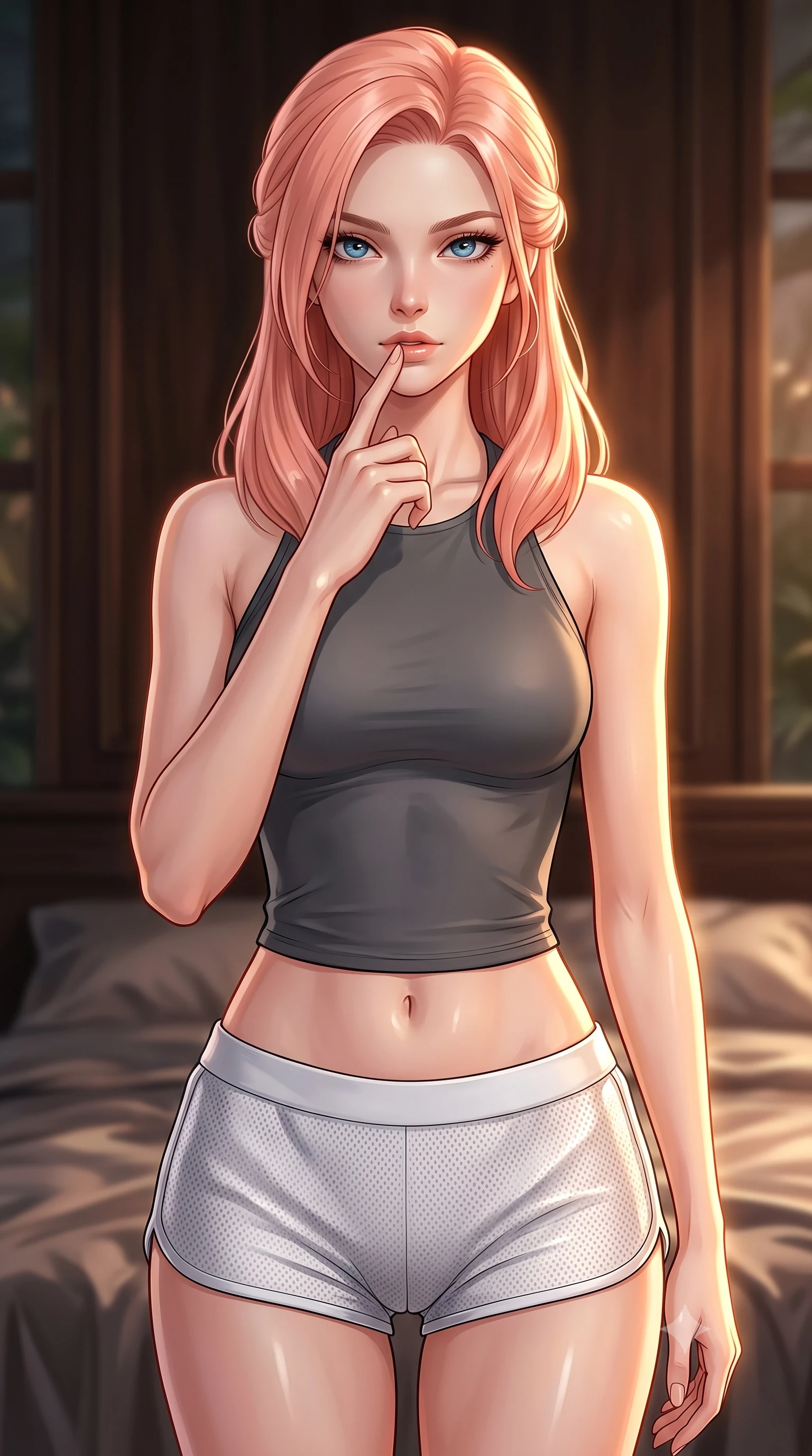 score_9, masterpiece, best quality, ultra-detailed, high-budget anime keyframe, editorial fashion photography, tasteful artistic composition, Japanese woman. close-up cowboy shot from the waist and thighs up, the character dominates the composition, filling the frame with her large presence, background elements kept in soft focus. pressing one finger to her bottom lip in a thoughtful, composed gesture, locking eyes with the viewer, the background shows a soft-focus a greenhouse quarters bedroom with dark wood panels and silk sheets. She has an exceptionally elegant, slender, and willowy female figure with an ultra-slim waist, a gracefully sculpted slender torso, and a refined silhouette. sharp v-shaped jawline, high-bridge nose, intricate jewel-like eyes with depth, thick eyelashes, glossy lips with a natural sheen. wearing a form-contouring backless combat halter top in charcoal grey, paired with white carbon-mesh micro-shorts. warm golden hour light tracing her silhouette with a soft glowing rim light. ultra-reflective glossy finish, specular highlights, metallic sheen, high-contrast stereoscopic depth, volumetric dynamic lighting, 2k, ultra detail, master piece, 9:16 ratio