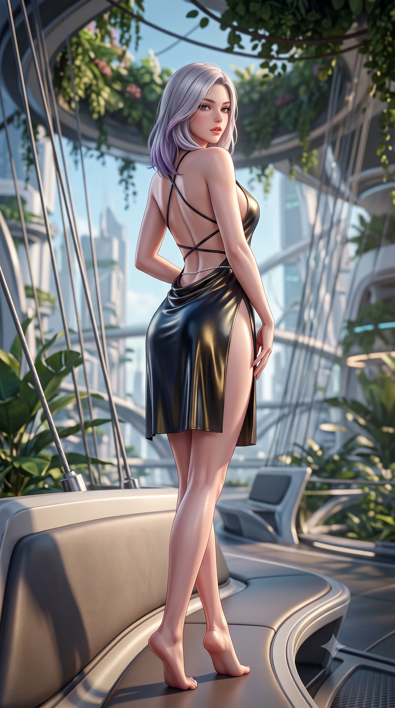 score_9, masterpiece, best quality, ultra-detailed, high-budget anime keyframe, semi-realistic 3D game render, editorial fashion photography, tasteful artistic composition, Caucasian woman. low angle full-body shot from head to toe showing her feet, filling the entire 9:16 vertical frame with her statuesque presence, stretching her vertical silhouette. posing with back turned slightly to the lens, glancing back with smoldering allure as she arches her lower back to emphasize her sculpted feminine hips and slender waist while perching on the curved architectural skyway bench, long slender legs crossed and torso angled back to display her flat midriff and slender hourglass curves. The composition keeps background elements in soft focus with creamy bokeh. floating botanical canopy foliage and suspension cable lines softened in cinematic shallow depth of field. She has an exceptionally tall and slender model-like 8.5-heads proportion, an ultra-slim waist, a flat toned midriff, narrow delicate ribcage, and beautifully sculpted feminine hips creating a graceful, slim hourglass silhouette without any bulky heaviness, with impossibly long slender legs. sharp v-shaped jawline, high-bridge nose, intricate jewel-like eyes with depth, thick eyelashes, glossy parted lips with a natural sheen, intensely captivating and seductive bedroom-eyes expression, flawlessly proportioned anatomical accuracy, strict slender model proportions, natural body alignment, perfectly sculpted long slender limbs, ultra-slim waistline, clean dynamic posture without body distortion. wearing a backless cowl-neck satin slip dress featuring high-cut side hip slits and delicate criss-cross back straps in midnight obsidian black and liquid gold, crafted from luxurious metallic lamé that shifts radiance with every step, accented with a dainty diamond waist chain catching the ambient light reflections, the precision-cut side openings and low-back scoop framing her graceful spine and the sensual sweep of her slim, toned hips. surrounded by a visionary, electrifying, and breathlessly magnificent eco-metropolis queen aura. highly saturated vibrant anime colors, detailed shading with soft gradients, rich glossy textures, high-contrast stereoscopic depth, volumetric dynamic lighting, master piece, 9:16 ratio