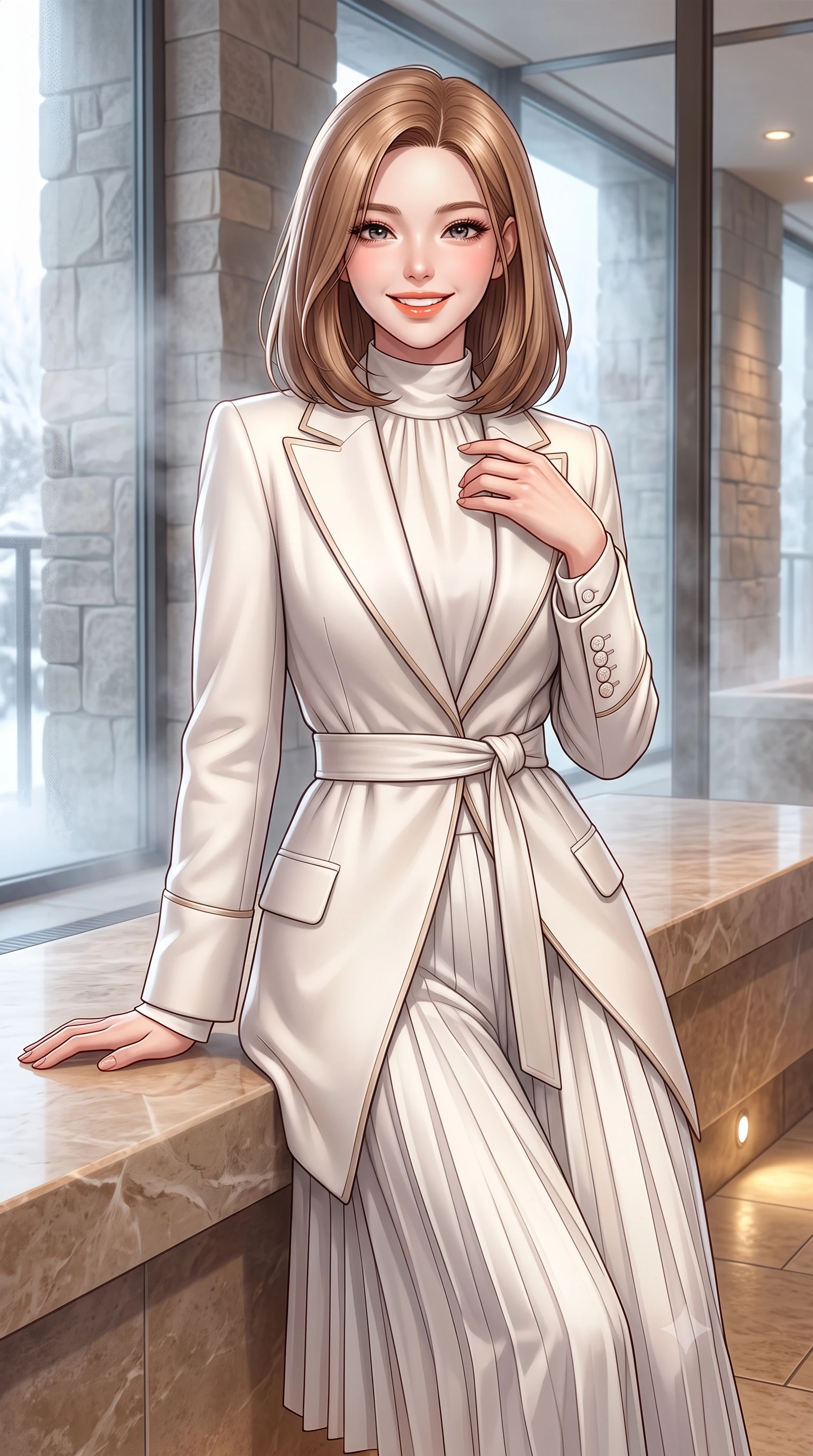 score_9, masterpiece, best quality, ultra-detailed, high-budget anime keyframe, semi-realistic 3D game render, editorial fashion photography, tasteful artistic composition, Korean woman. close-up cowboy shot from the waist and thighs up, the character dominates the composition, filling the frame with her large presence. resting one hand gracefully on her tailored blazer lapel while looking into the camera with bright, sparkling eyes while leaning against a smooth heated marble bench, resting one hand on the warm stone with effortless wellness-model grace. The surrounding environment is rendered in vivid detail and crisp panoramic clarity: detailed belted cashmere robe coat tailoring, silk piping borders, and master Swiss spa architecture in razor-sharp precision. She has an exceptionally elegant, slender, and willowy female figure with an ultra-slim waist, flat toned midriff, narrow ribcage, and sculpted feminine hips creating an alluring, slim hourglass silhouette without bulk. sharp v-shaped jawline, high-bridge nose, intricate jewel-like sparkling eyes with depth, thick eyelashes, glossy parted lips with a natural peach sheen, bright cheerful beaming smile with an enchanting and coquettish sensual glint, exuding both youthful cute charm and seductive allure, flawlessly proportioned anatomical accuracy, strict slender model proportions, natural body alignment, perfectly sculpted long slender limbs, ultra-slim waistline, clean dynamic posture without body distortion. wearing a modern tailored silk-blend robe coat with minimalist sash belt layered over a high-neck blouse and wide culottes in Swiss alpine snow white and oat cashmere, tailored from fine wool gabardine with crisp permanent pleats and sharp drape, finished with fine mother-of-pearl cuff buttons catching the soft ambient light, the structured cinched belt emphasizing her narrow waistline and gracefully balanced proportions with timeless haute-couture polish. bathed in calm diffused winter daylight filtering through steamy glass panes combined with warm 2800K recessed floor lights. highly saturated vibrant anime colors, detailed shading with soft gradients, rich glossy textures, high-contrast stereoscopic depth, volumetric dynamic lighting, master piece, 9:16 ratio