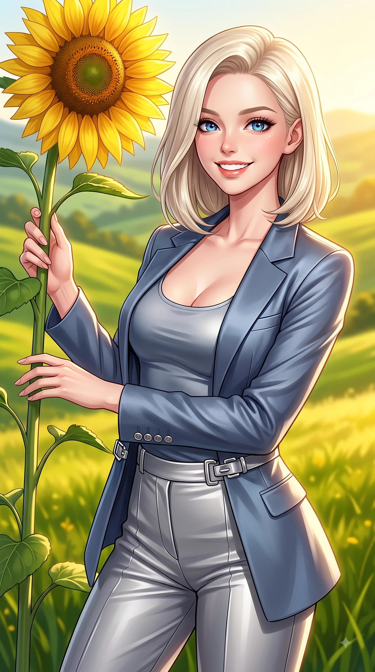 score_9, masterpiece, best quality, ultra-detailed, high-budget anime keyframe, editorial fashion photography, tasteful artistic composition, Caucasian woman. close-up cowboy shot from the waist and thighs up, the character dominates the composition, filling the frame with her large presence, background elements kept in soft focus. Radiant bright smile with sparkling eyes directed right into the lens, her torso turning in a dynamic S-curve alignment while reaching out to touch a towering sunflower stalk while beaming happily into the camera lens, a sweeping vista of rolling green hills glowing in warm bright sunlight. She has an exceptionally elegant, slender, and willowy female figure with an ultra-slim waist, a gracefully sculpted slender torso, and a refined silhouette. sharp v-shaped jawline, high-bridge nose, intricate jewel-like eyes with depth, thick eyelashes, glossy lips with a natural sheen, flawlessly proportioned anatomical accuracy, natural body alignment, perfectly sculpted elegant limbs, clean dynamic posture without body distortion. wearing a tailored silk blazer over a form-contouring scoop-neck top and slacks in slate blue and metallic silver, crafted from smooth liquid silk, detailed with polished silver buckles along the waistline, the elegant draped fit framing her graceful clavicle and slender torso. surrounded by a vibrant, uplifting atmosphere filled with golden radiance. highly saturated vibrant anime colors, detailed shading with soft gradients, rich glossy textures, high-contrast stereoscopic depth, volumetric dynamic lighting, master piece, 9:16 ratio