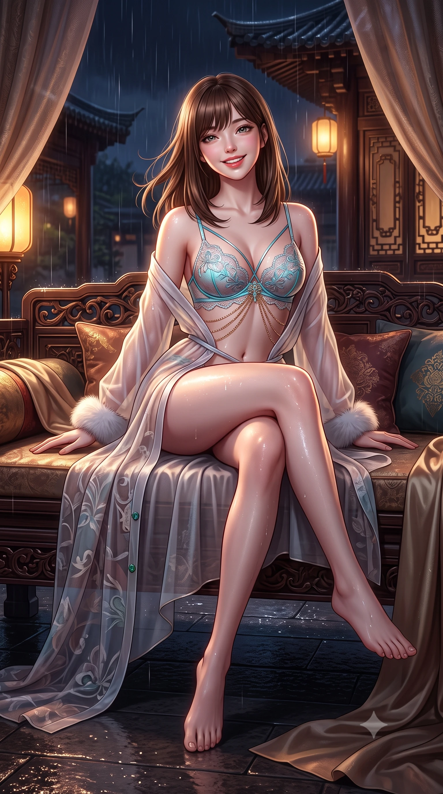 score_9, masterpiece, best quality, ultra-detailed, high-budget anime keyframe, semi-realistic 3D game render, editorial fashion photography, tasteful artistic composition, Korean woman. low angle full-body shot from head to toe showing her feet, filling the entire 9:16 vertical frame with her statuesque presence, stretching her vertical silhouette. lounging on the lavish daybed with legs crossed and hips angled toward the camera, displaying her toned midriff and long slender limbs with effortless siren poise while twisting her slender torso in an alluring S-curve, glistening rain droplets and lantern light tracing her dewy skin and narrow waist. The surrounding environment is rendered in vivid detail and crisp panoramic clarity: detailed alluring semi-sheer silk chiffon boudoir peignoir drape, jade button accents, and heritage architecture in razor-sharp precision. She has an exceptionally tall and slender model-like 8.5-heads proportion, an ultra-slim waist, a flat toned midriff, narrow delicate ribcage, and beautifully sculpted feminine hips creating a graceful, slim hourglass silhouette without any bulky heaviness, with impossibly long slender legs. sharp v-shaped jawline, high-bridge nose, intricate jewel-like sparkling eyes with depth, thick eyelashes, glossy parted lips with a natural peach sheen, bright cheerful beaming smile with an enchanting and coquettish sensual glint, exuding both youthful cute charm and seductive allure, flawlessly proportioned anatomical accuracy, strict slender model proportions, natural body alignment, perfectly sculpted long slender limbs, ultra-slim waistline, clean dynamic posture without body distortion. wearing a delicate translucent cashmere-gauze boudoir robe with faux-fur trimmed cuffs slipping off bare shoulders over a strappy lace bralette in Neo-Carthage holographic cyan and solar chrome, made of delicate embroidered tulle lace with intricate floral motifs and soft transparency, accented with an open-back drape framed by falling strands of delicate gold chains, the second-skin tailored fabric adhering flawlessly to her sculpted flat midriff and slender torso, emphasizing her long leg lines and perfectly proportioned willowy build. illuminated by wet ground specular highlights and sharp rose-gold rim lights sculpting her jawline, flat midriff, and curvy hips. highly saturated vibrant anime colors, detailed shading with soft gradients, rich glossy textures, high-contrast stereoscopic depth, volumetric dynamic lighting, master piece, 9:16 ratio