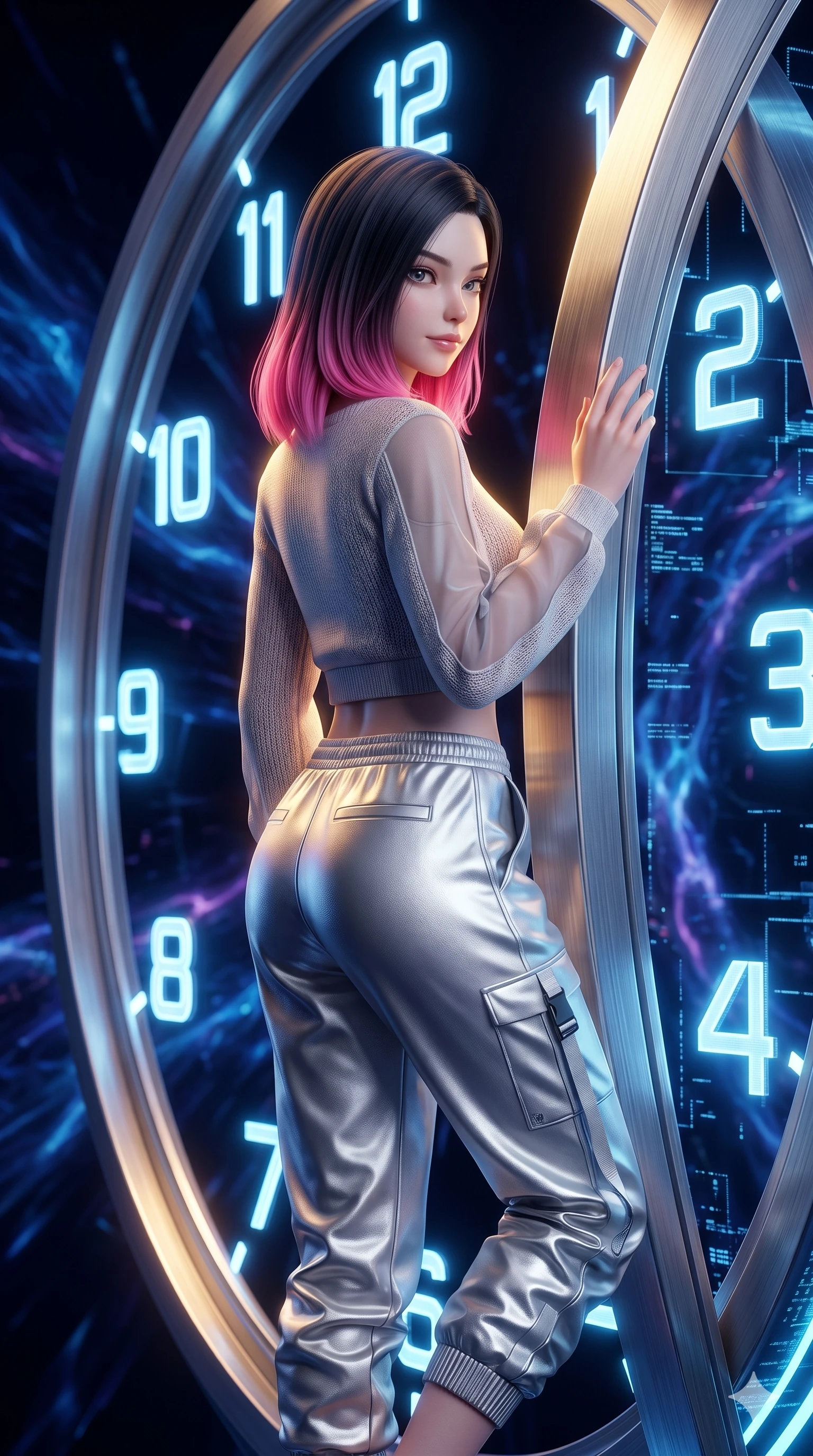 score_9, masterpiece, best quality, ultra-detailed, high-budget anime keyframe, semi-realistic 3D game render, Korean woman. Upper body close-up from the thighs up, character filling the screen for maximum presence. Inside a digital void, next to a giant glowing clock face, leaning against the clock frame, looking back with a mysterious half-smile. She is wearing a cropped sweater with delicate panels and structured silver sweatpants. The scene is bathed in warm golden spotlights and the blue glow of the clock numbers. 2k, ultra detail, master piece, 9:16 ratio