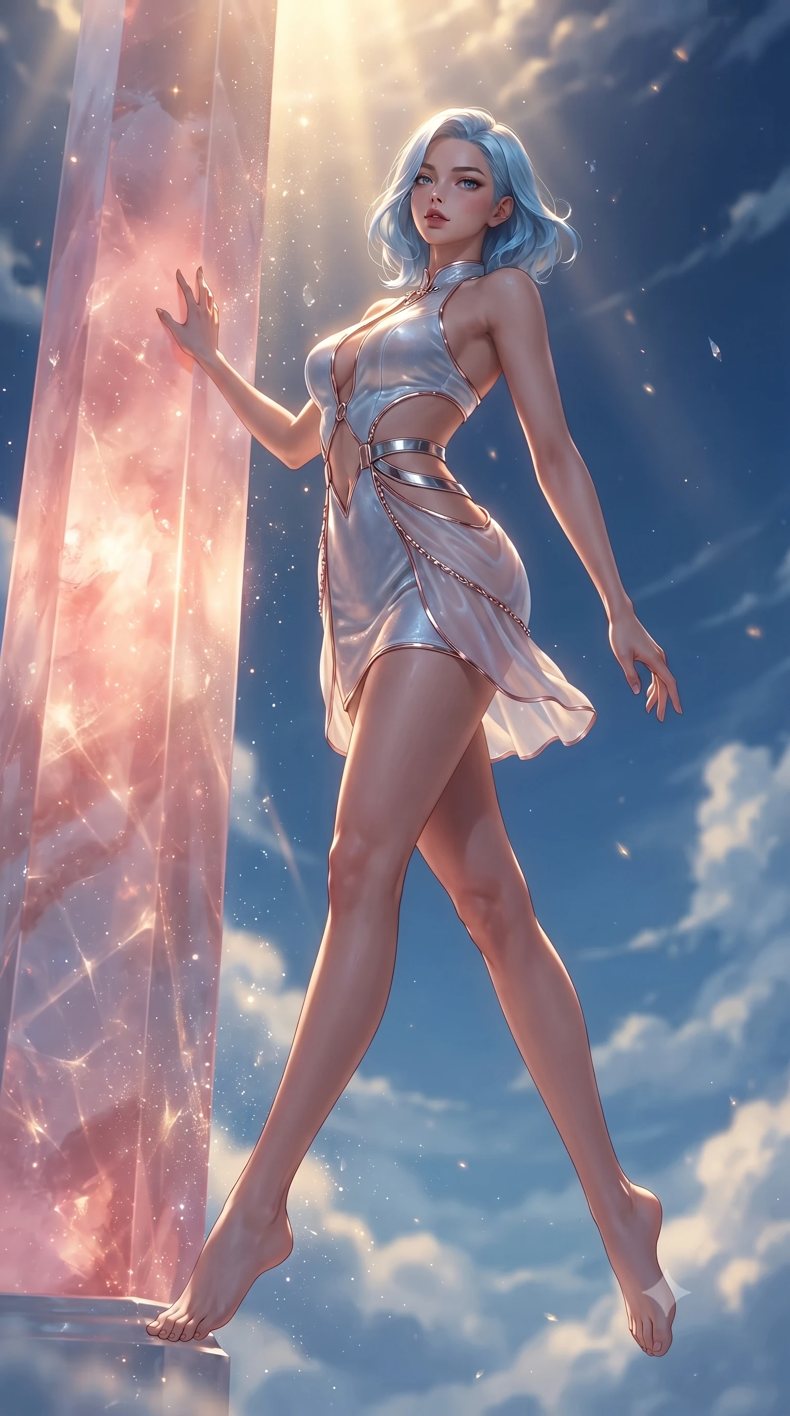 score_9, masterpiece, best quality, ultra-detailed, high-budget anime keyframe, editorial fashion photography, tasteful artistic composition, Korean woman. low angle full-body shot from head to toe showing her feet, filling the entire 9:16 vertical frame with her statuesque presence, stretching her vertical silhouette. leaping dynamically through the luminous sky, her posture full of power and elegance, touching a giant rose quartz pillar that emits a warm inner glow, fine crystal dust sparkling in warm sunlight filtering from above. She has an absolutely perfect, statuesque 8.5-heads proportion, an exceptionally tall and slender model-like female figure with impossibly long slender legs and an ultra-slim waist. sharp v-shaped jawline, high-bridge nose, intricate jewel-like eyes with depth, thick eyelashes, glossy lips with a natural sheen. wearing dramatic open-waist cutout mini dress in opal velvet framed by chrome hardware in metallic silver, made of sheer opal chiffon overlay, trimmed with rose-gold ring hardware along the waist contours, following her slender form with tailored precision. lit by intense golden key rays contrasting against deep crystal shadows. ultra-reflective glossy finish, specular highlights, metallic sheen, high-contrast stereoscopic depth, volumetric dynamic lighting, 2k, ultra detail, master piece, 9:16 ratio