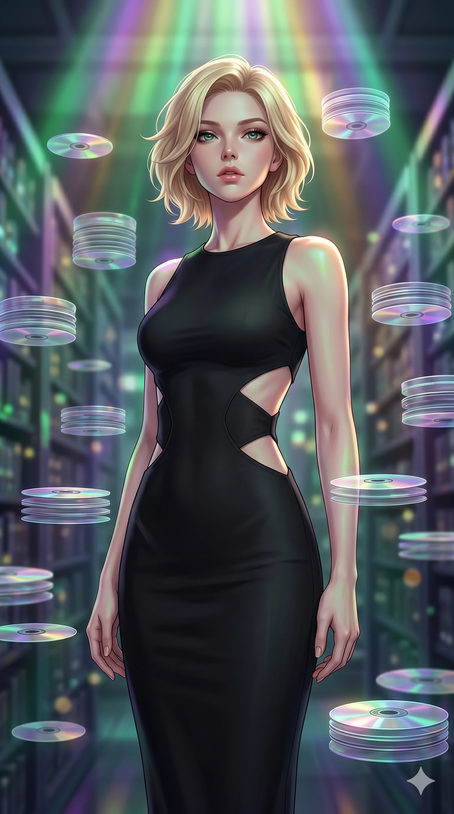 score_9, masterpiece, best quality, ultra-detailed, high-budget anime keyframe, editorial fashion photography, tasteful artistic composition, Caucasian woman, strictly human ears. cowboy shot from the thighs up, character and outfit filling the frame for maximum editorial presence. Tilting her chin up slightly with lips parted in a composed expression inside a digital archive room where holographic data discs float in neat stacks. She has an absolutely perfect 8-heads proportion, an exceptionally tall and slender female figure with impossibly long slender legs and an ultra-slim waist. V-shaped jawline, high-bridge nose, intricate jewel-like eyes with depth, thick eyelashes, glossy lips with a natural sheen. wearing a matte black midi dress in heavy stretch-crepe with strategic diamond-shaped cutouts along the ribs and a high round neckline. illuminated by a shifting aurora palette of green, violet, and gold from above, wrapping her in color. 2k, ultra detail, master piece, 9:16 ratio