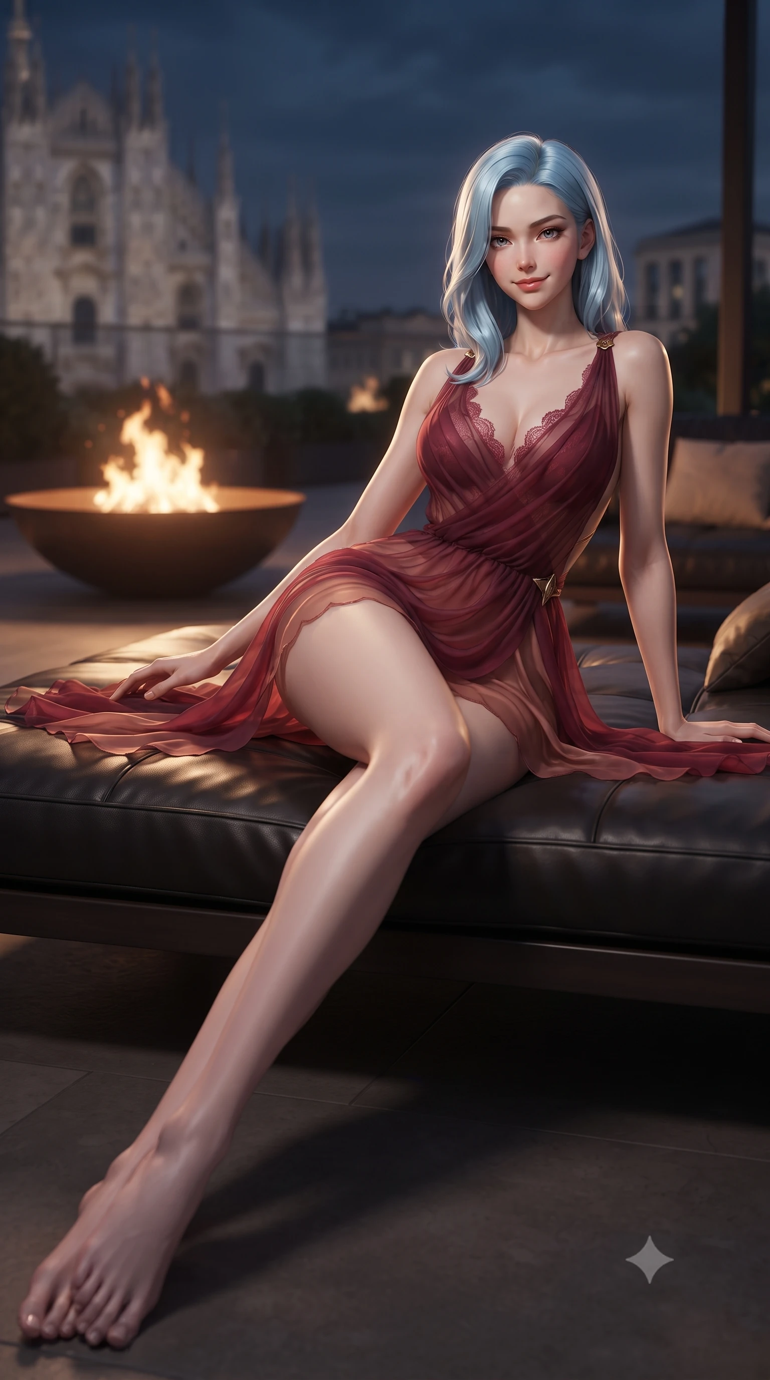 score_9, masterpiece, best quality, ultra-detailed, high-budget anime keyframe, editorial fashion photography, tasteful artistic composition, Korean woman. low angle full-body shot from head to toe showing her feet, filling the entire 9:16 vertical frame with her statuesque presence, stretching her vertical silhouette. reclining gracefully across the plush chaise lounge with one leg extended, her sculpted silhouette and flat midriff radiating magnetic nocturnal glamour while lounging across the low-profile designer leather daybed propped on one elbow, her flat midriff commanding the historic Milan skyline. The background shows a soft-focus bronze fire bowl flames softened in high-fashion metropolitan terrace shallow focus. She has an absolutely perfect, statuesque 8.5-heads proportion, an exceptionally tall and slender model-like female figure with impossibly long slender legs, an ultra-slim waist, a flat toned midriff, narrow delicate ribcage, and beautifully sculpted feminine hips creating a graceful, slim hourglass silhouette without any bulky heaviness. sharp v-shaped jawline, high-bridge nose, sparkling eyes with hypnotic seductive depth, thick curled eyelashes, glossy parted lips with a natural dewy peach sheen, alluring bedroom-eyes with an enchanting coquettish smile, exuding magnetic siren charisma and sophisticated glamour, flawlessly proportioned anatomical accuracy, strict slender model proportions, natural body alignment, perfectly sculpted long slender limbs, ultra-slim waistline, clean dynamic posture without body distortion. wearing a draped Greek-goddess style silk chiffon mini toga dress with an open back and golden hip fibula in smoldering crimson wine and deep rose-gold, made of sheer gossamer chiffon that drapes softly against skin with airy translucence, finished with scalloped eyelash lace trim framing her sweetheart neckline with intimate elegance, the glove-like clinging cut tightly following the natural contour of her hips and long slender legs with youthful 8.5-heads elegance. illuminated by slate terrace reflection fill and sharp warm-gold rim lights sculpting her jawline, flat midriff, and voluptuous hip curves. ultra-reflective glossy finish, specular highlights, rich textural contrasts, high-contrast stereoscopic depth, volumetric dynamic lighting, 2k, ultra detail, master piece, 9:16 ratio