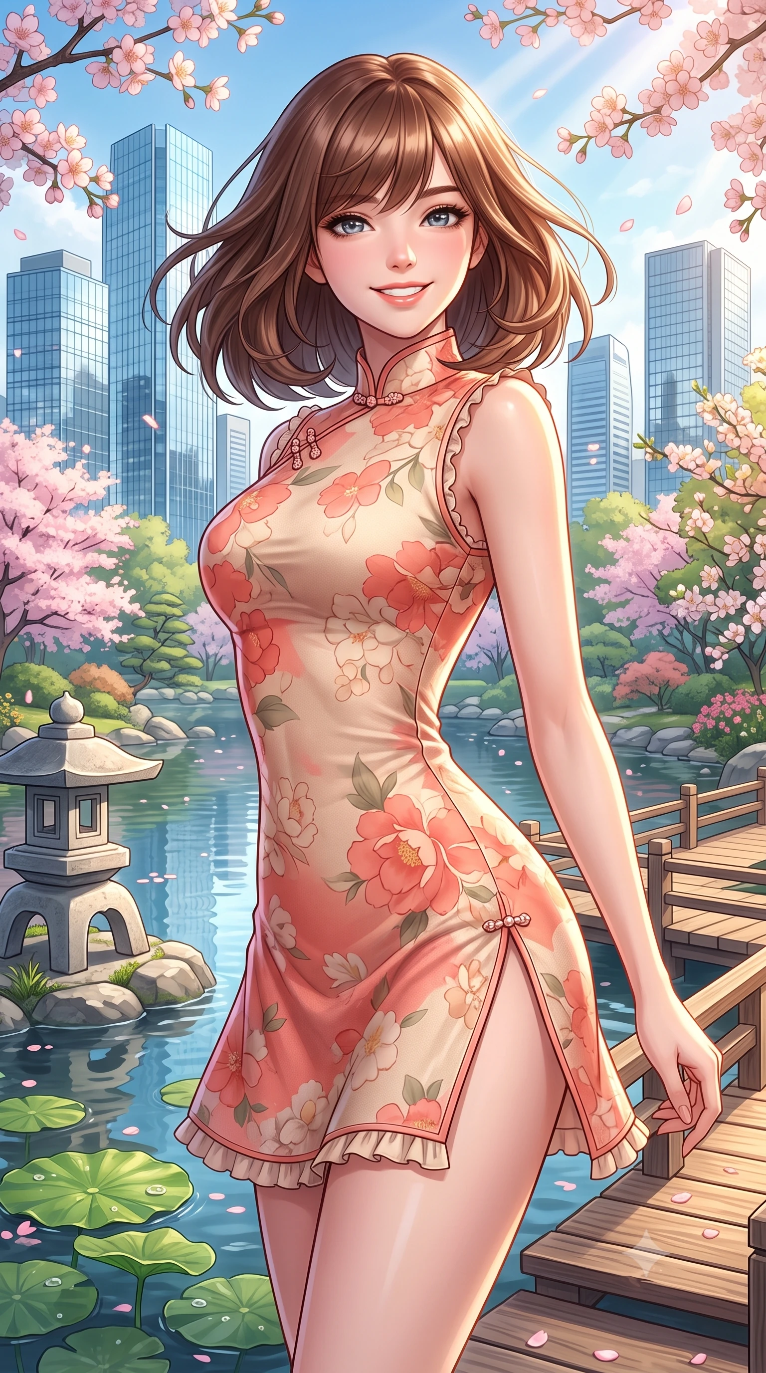 score_9, masterpiece, best quality, ultra-detailed, high-budget anime keyframe, semi-realistic 3D game render, editorial fashion photography, tasteful artistic composition, Caucasian woman. close-up cowboy shot from the waist and thighs up, the character dominates the composition, filling the frame with her large presence. turning playfully with a bright confident smile, her glossy hair tossing in the breeze as her hips angle gracefully in a captivating contrapposto while twisting her slender torso in an alluring S-curve as modern glass skyscrapers reflect in the serene traditional pond waters below. The surrounding environment is rendered in vivid detail and crisp panoramic clarity. sharp stone lantern textures, wooden footbridge plank grain, and lotus leaf water caustics in deep focus. She has an exceptionally elegant, slender, and willowy female figure with an ultra-slim waist, flat toned midriff, narrow ribcage, and sculpted feminine hips creating an alluring, slim hourglass silhouette without bulk. sharp v-shaped jawline, high-bridge nose, intricate jewel-like sparkling eyes with depth, thick eyelashes, glossy parted lips with a natural peach sheen, bright cheerful beaming smile with an enchanting and coquettish sensual glint, exuding both youthful cute charm and seductive allure, flawlessly proportioned anatomical accuracy, strict slender model proportions, natural body alignment, perfectly sculpted long slender limbs, ultra-slim waistline, clean dynamic posture without body distortion. wearing a modern cute qipao mini dress with double side slits ascending to the hip in pastel floral silk in warm coral pink and soft oatmeal beige, crafted from soft cozy cashmere yarn with an airy drape, finished with subtle ruffle trims and delicate pearl buttons, the high-waisted tailoring accentuating her ultra-slim waistline and the enchanting curve of her feminine hips with alluring charm. bathed in bright morning spring sunlight scattering through blooming flower canopies. highly saturated vibrant anime colors, detailed shading with soft gradients, rich glossy textures, high-contrast stereoscopic depth, volumetric dynamic lighting, master piece, 9:16 ratio